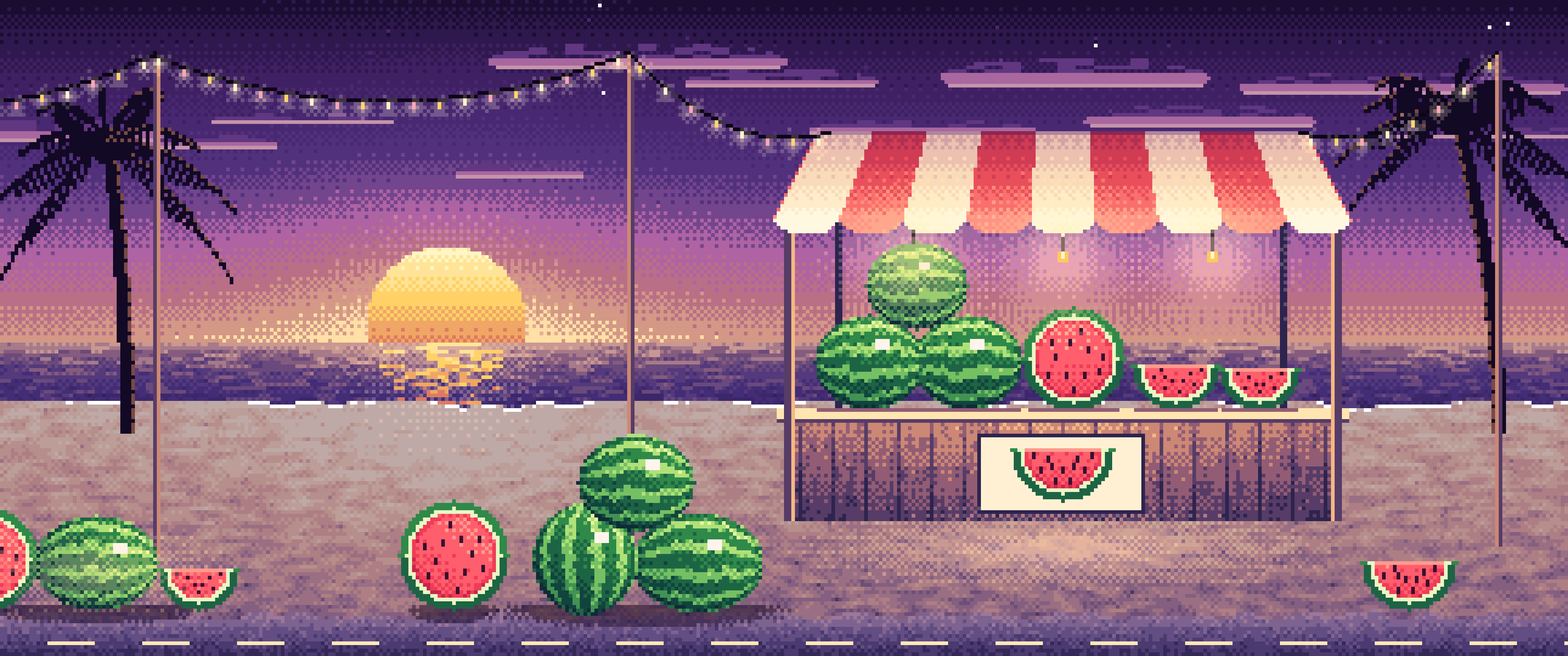 Dark Purple Pixel Art Watermelon Stand at the Beach ultrawide wallpaper, 3440 × 1440
