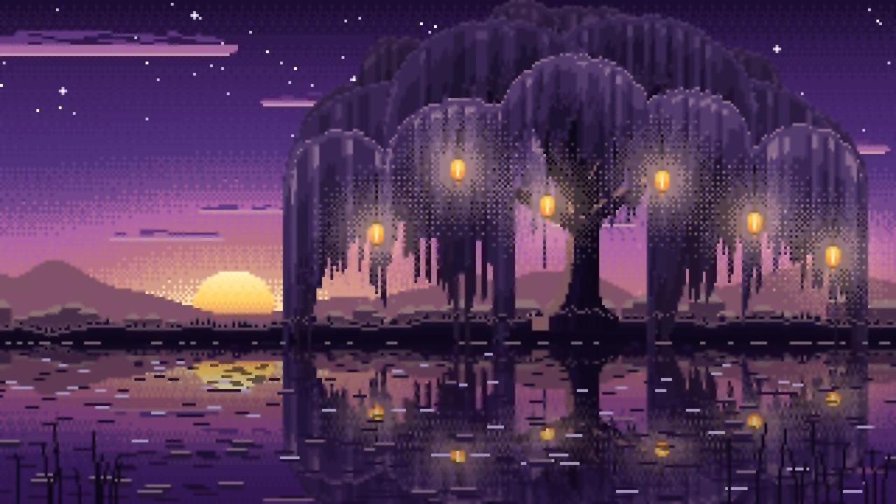 Dark Purple Pixel Art Willow Tree by a Pond desktop wallpaper in 4K