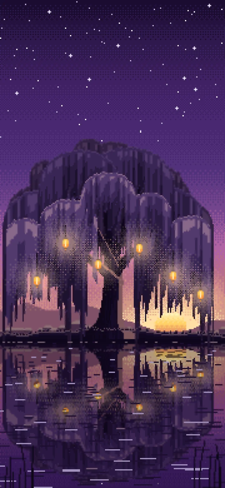Dark Purple Pixel Art Willow Tree by a Pond wallpaper for iPhone and Android