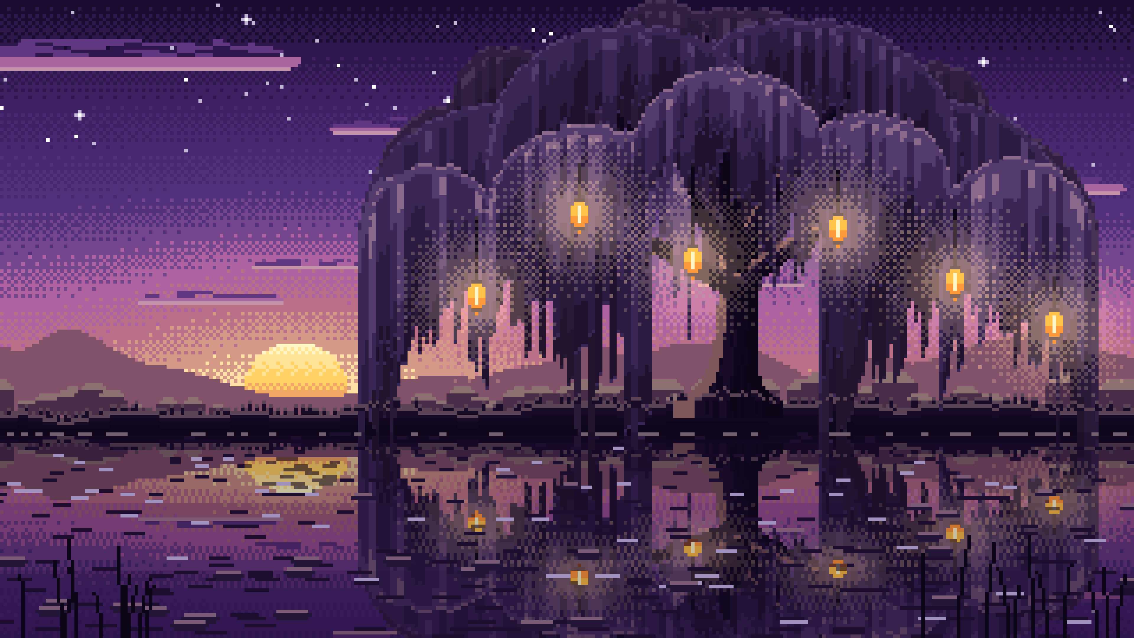 Dark Purple Pixel Art Willow Tree by a Pond desktop wallpaper in 4K