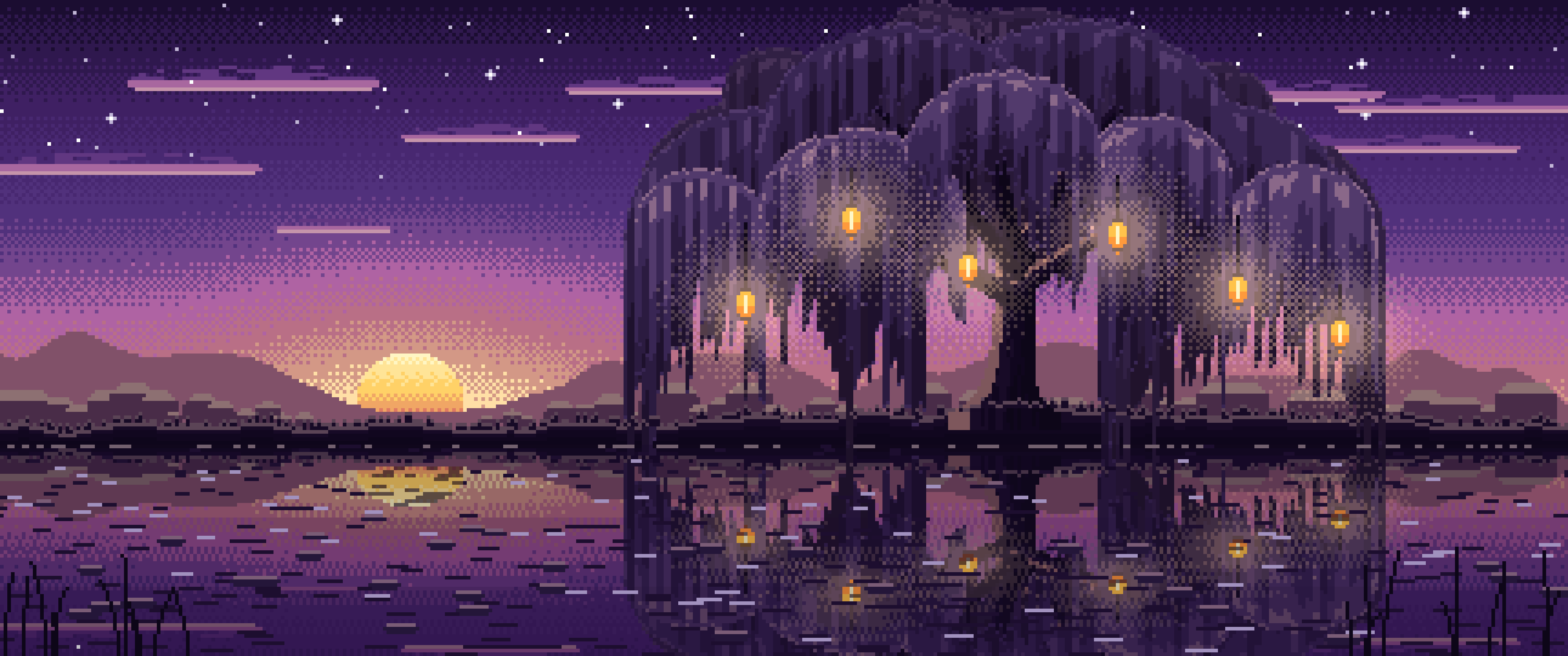 Dark Purple Pixel Art Willow Tree by a Pond ultrawide wallpaper, 3440 × 1440