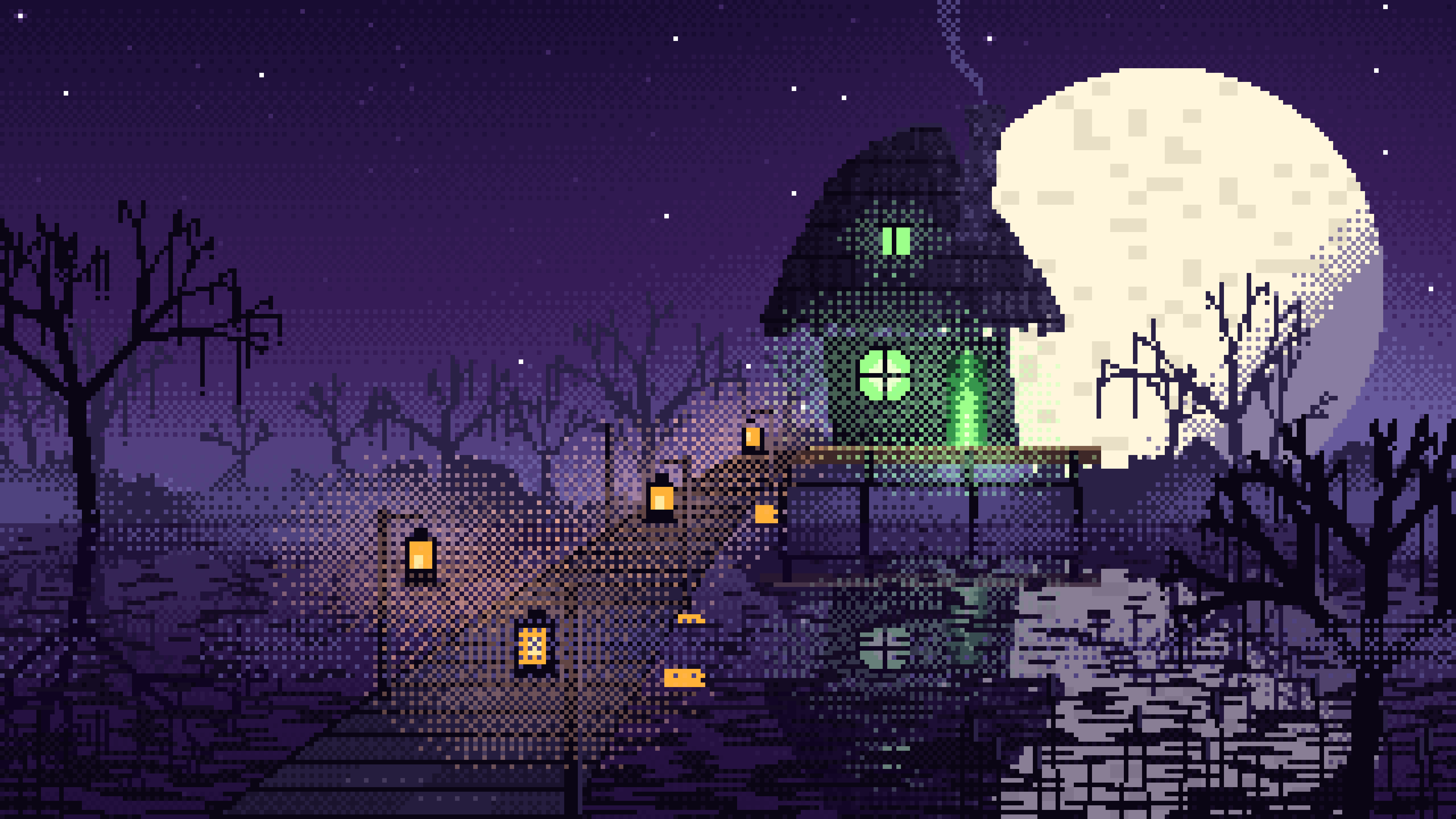 Dark Purple Pixel Art Witch Cottage in a Swamp desktop wallpaper in 4K