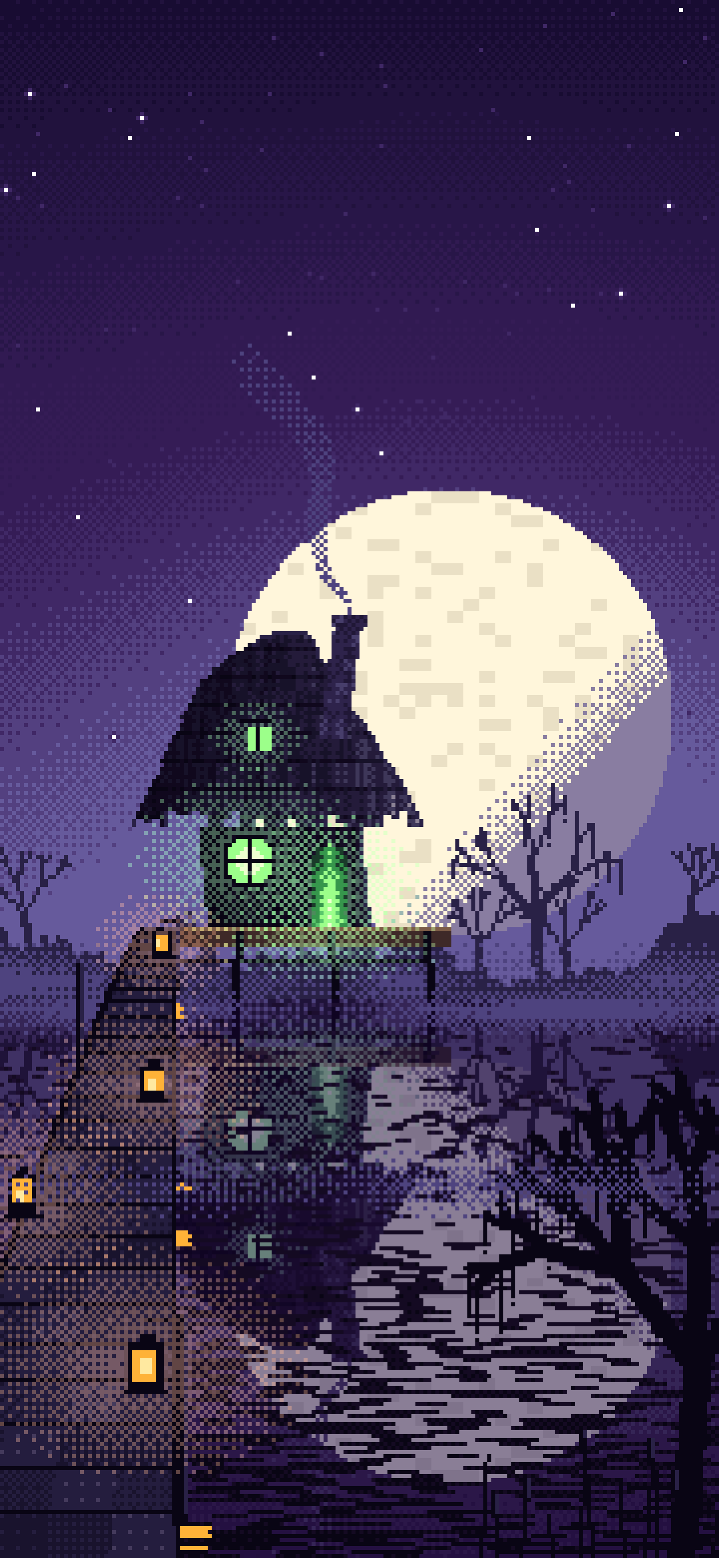 Dark Purple Pixel Art Witch Cottage in a Swamp wallpaper for iPhone and Android