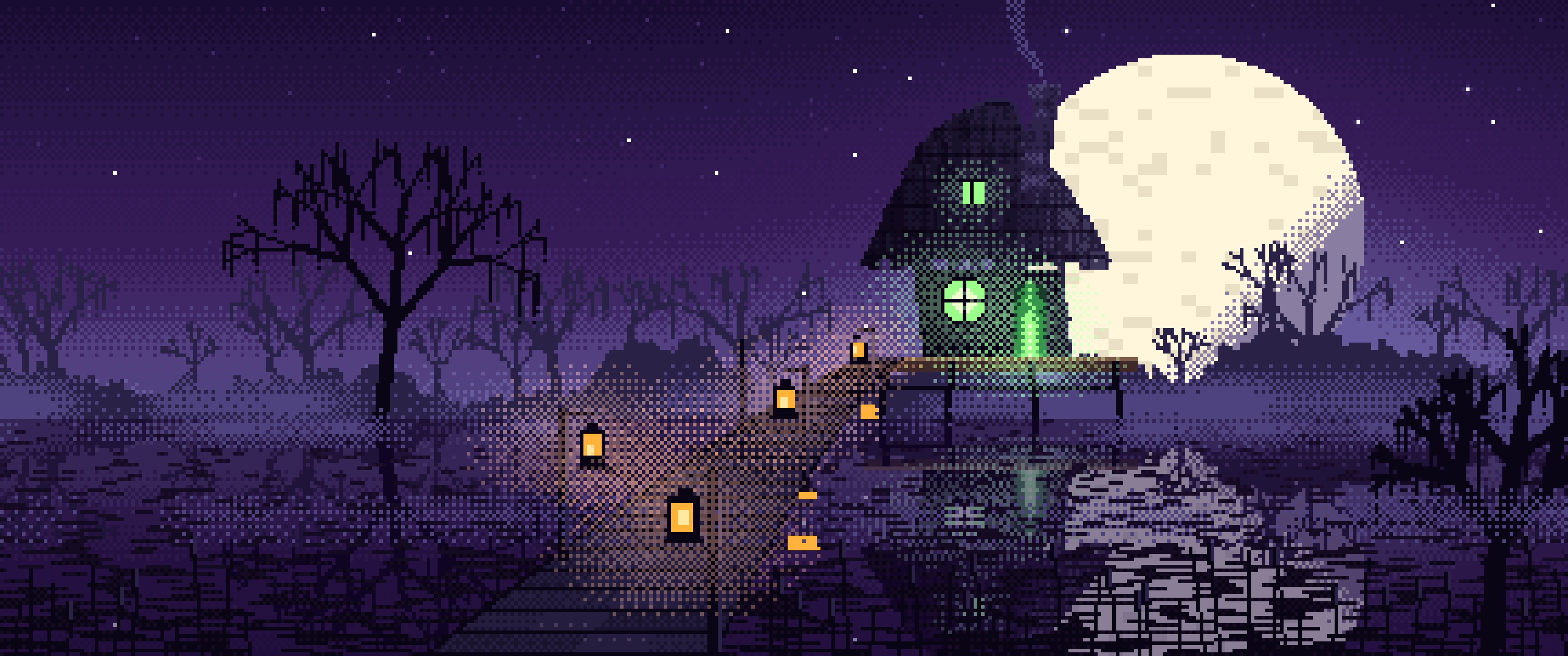 Dark Purple Pixel Art Witch Cottage in a Swamp ultrawide wallpaper, 3440 × 1440