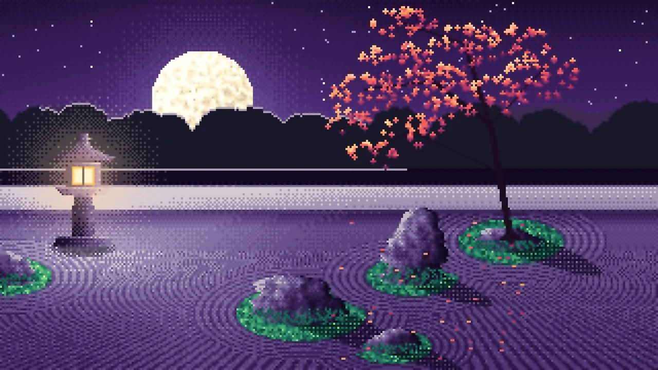 Dark Purple Pixel Art Zen Garden and Moon desktop wallpaper in 4K