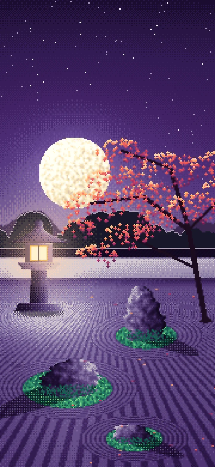 Dark Purple Pixel Art Zen Garden and Moon wallpaper for iPhone and Android