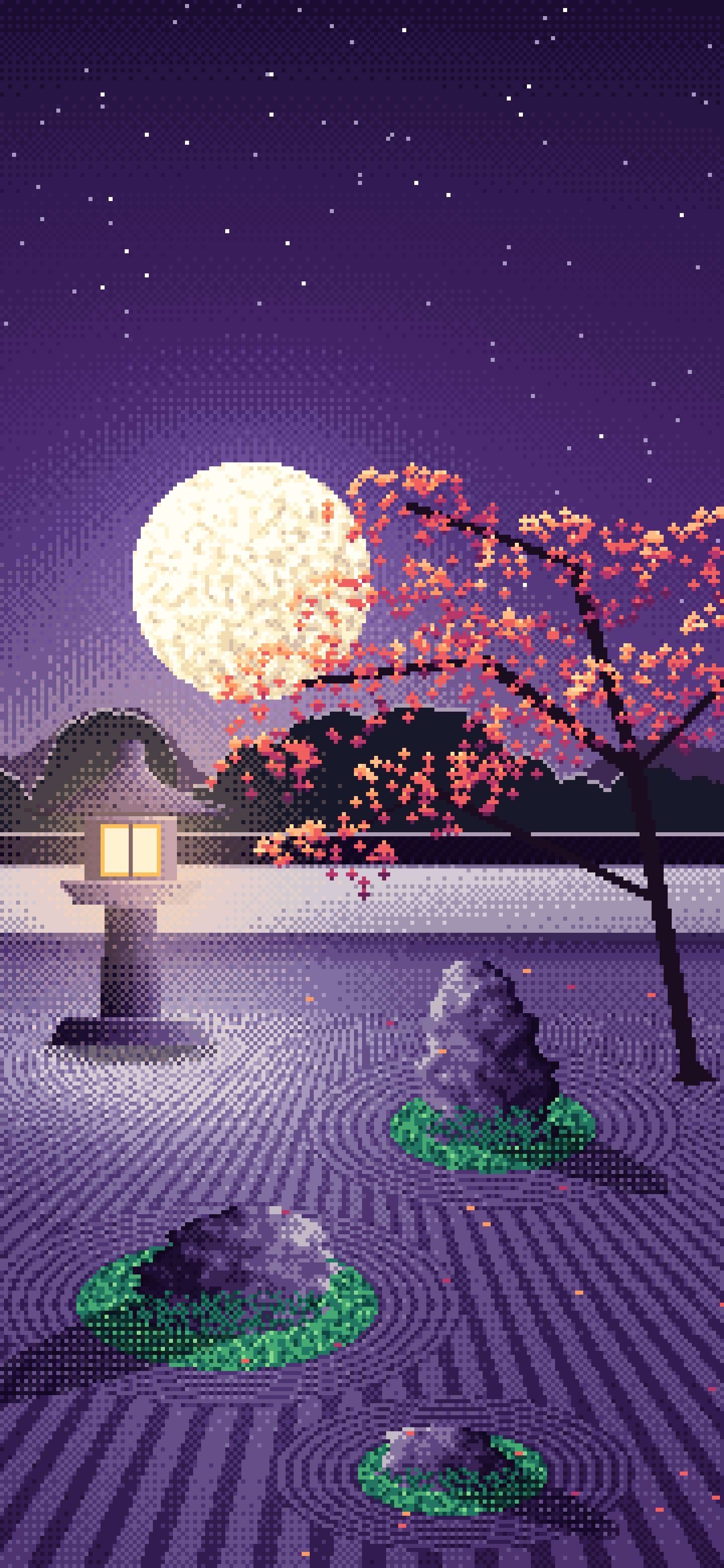 Dark Purple Pixel Art Zen Garden and Moon wallpaper for iPhone and Android