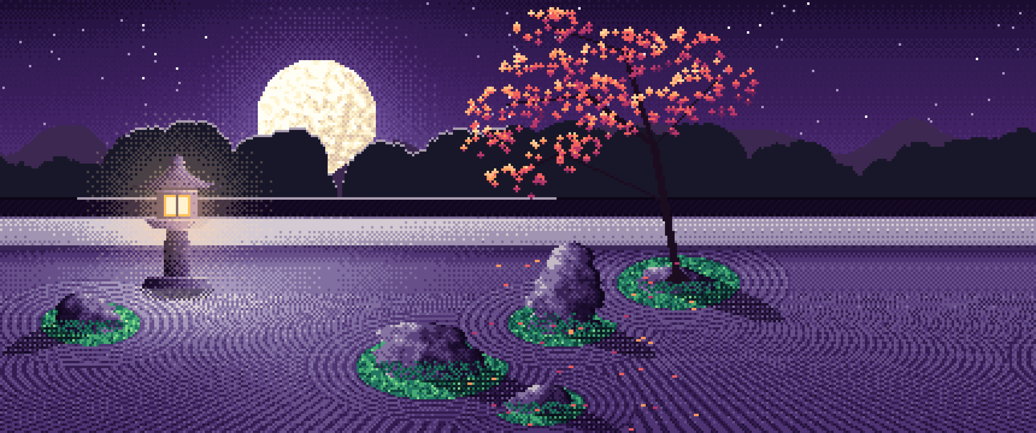 Dark Purple Pixel Art Zen Garden and Moon ultrawide wallpaper, 3440 × 1440