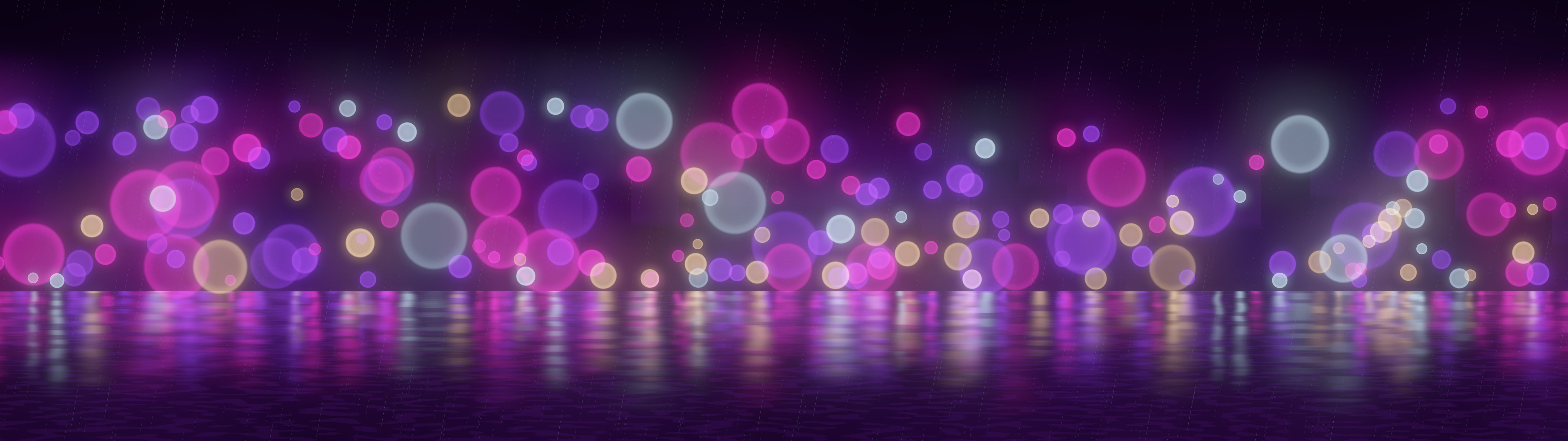 Dark Purple Rainy Neon City dual monitor wallpaper, 7680 × 2160