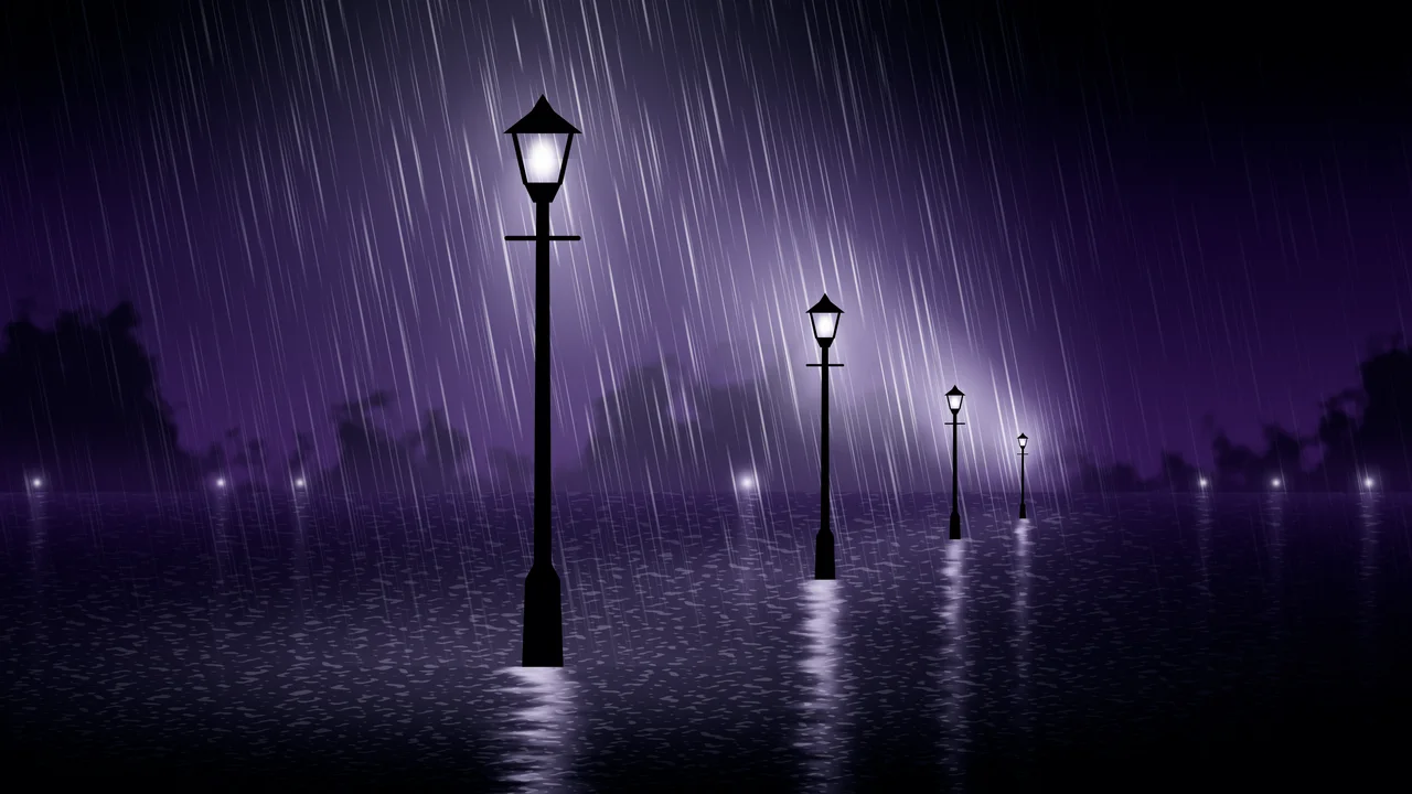 Dark Purple Rainy Street Lamp desktop wallpaper in 4K