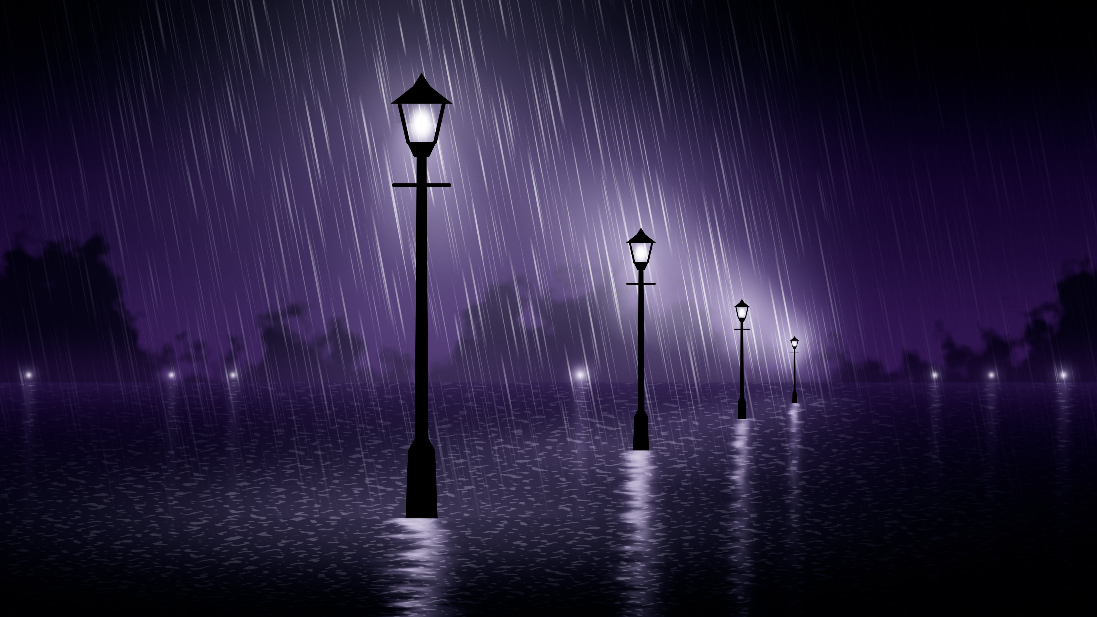 Dark Purple Rainy Street Lamp desktop wallpaper in 4K