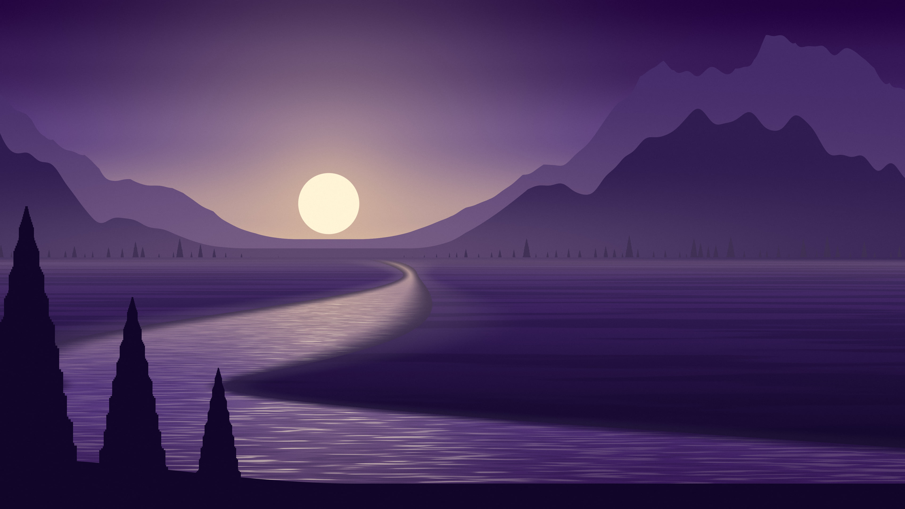 Dark Purple River Valley at Sunset desktop wallpaper in 4K