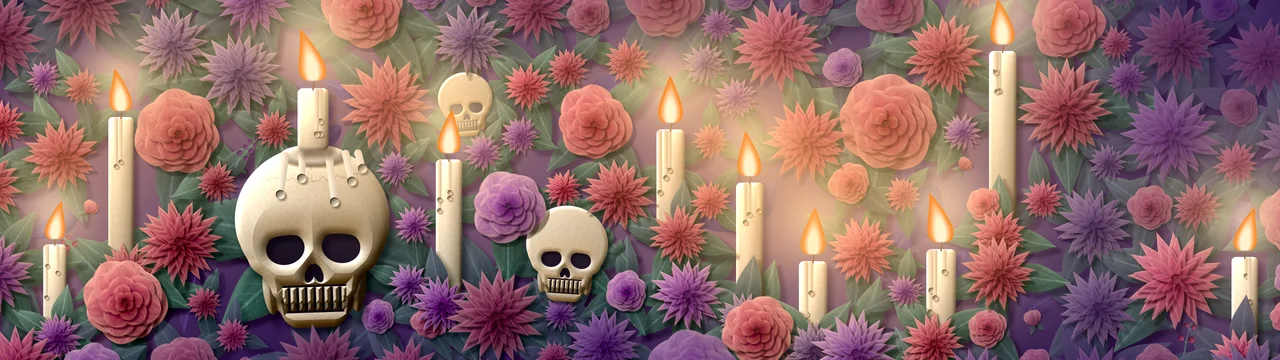 Dark Purple Skull and Candles dual monitor wallpaper, 7680 × 2160