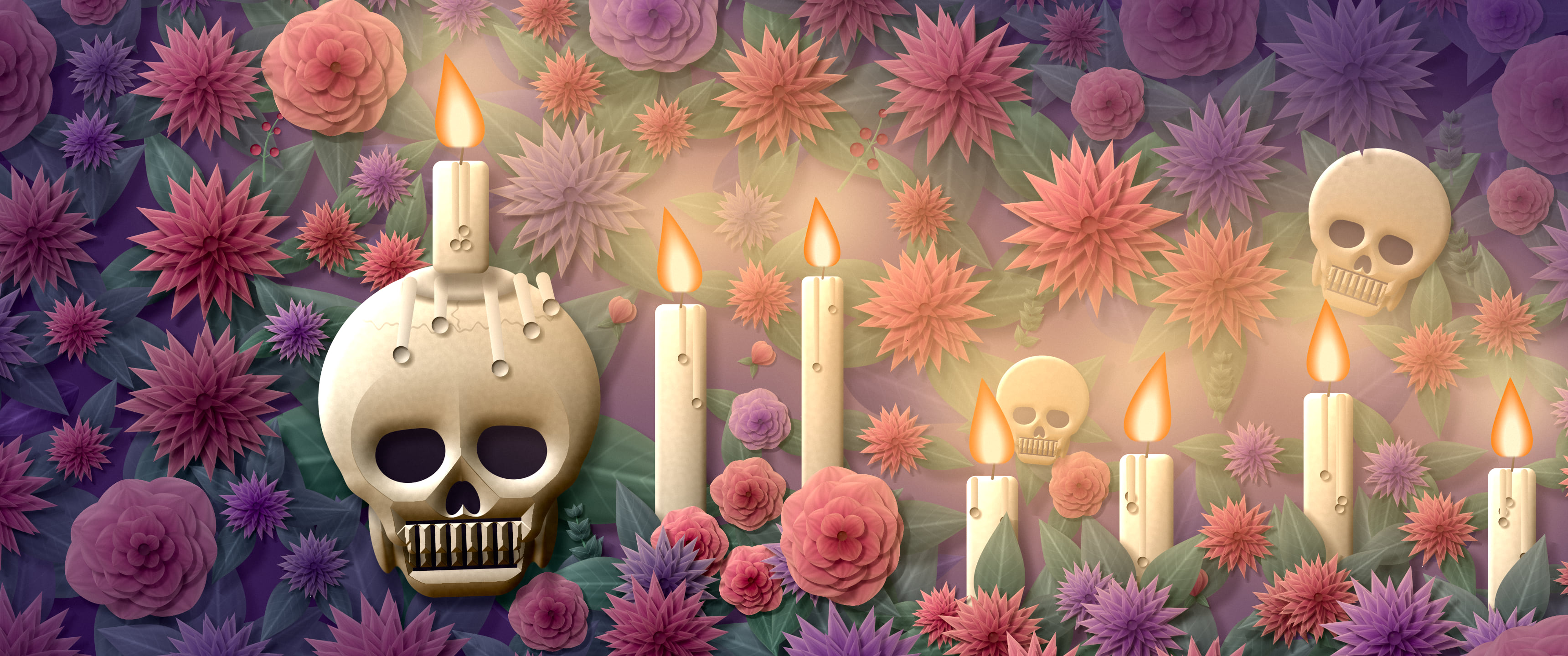 Dark Purple Skull and Candles ultrawide wallpaper, 3440 × 1440