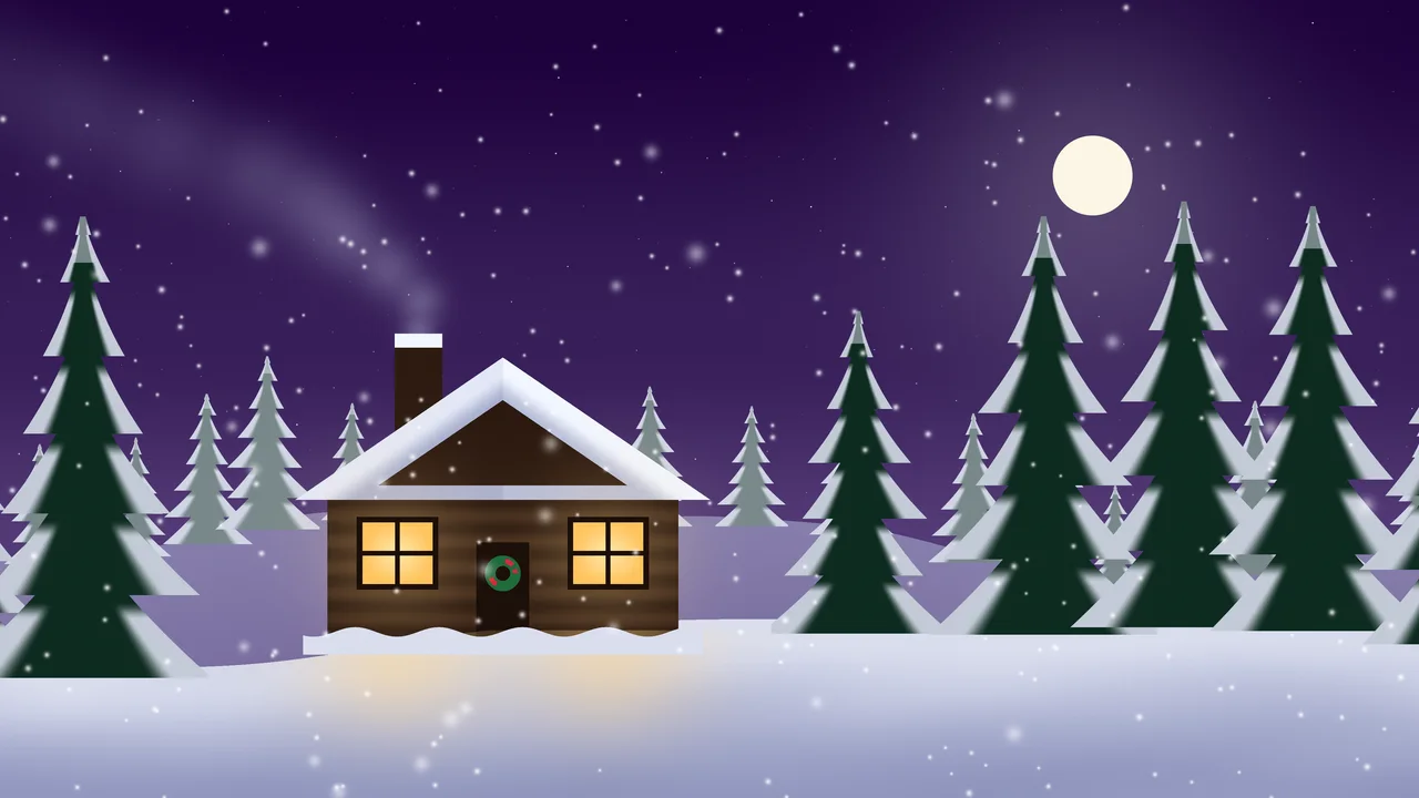 Dark Purple Snowy Christmas Cabin desktop wallpaper in 4K