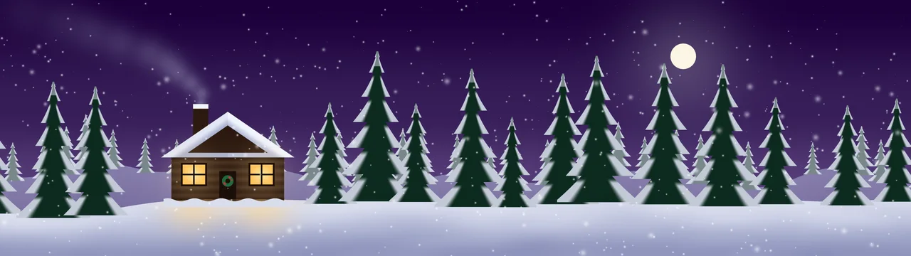 Dark Purple Snowy Christmas Cabin dual monitor wallpaper, 7680 × 2160