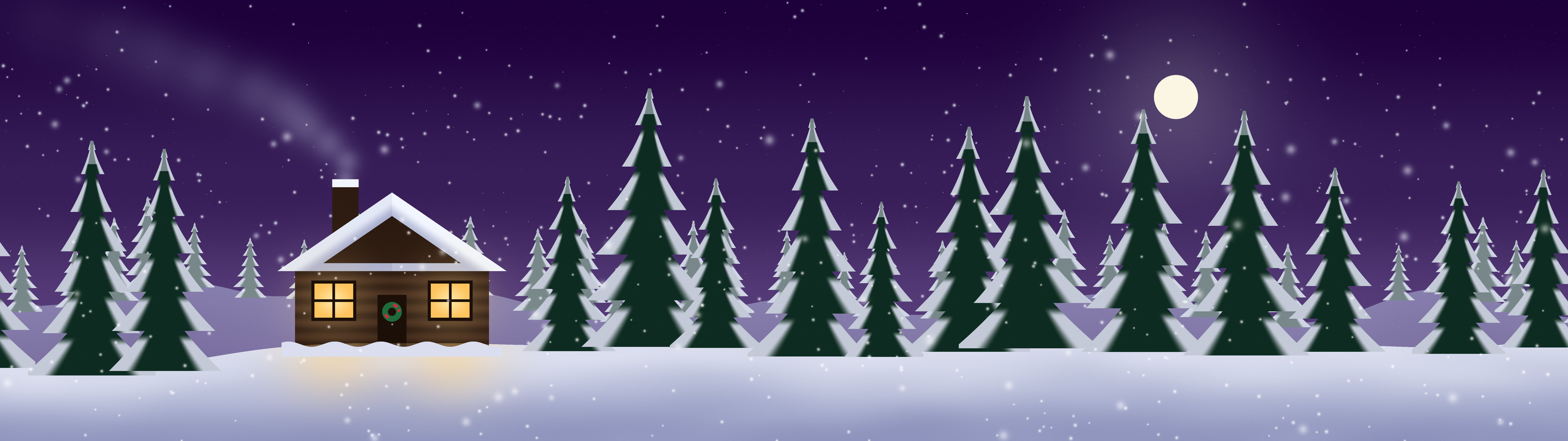 Dark Purple Snowy Christmas Cabin dual monitor wallpaper, 7680 × 2160
