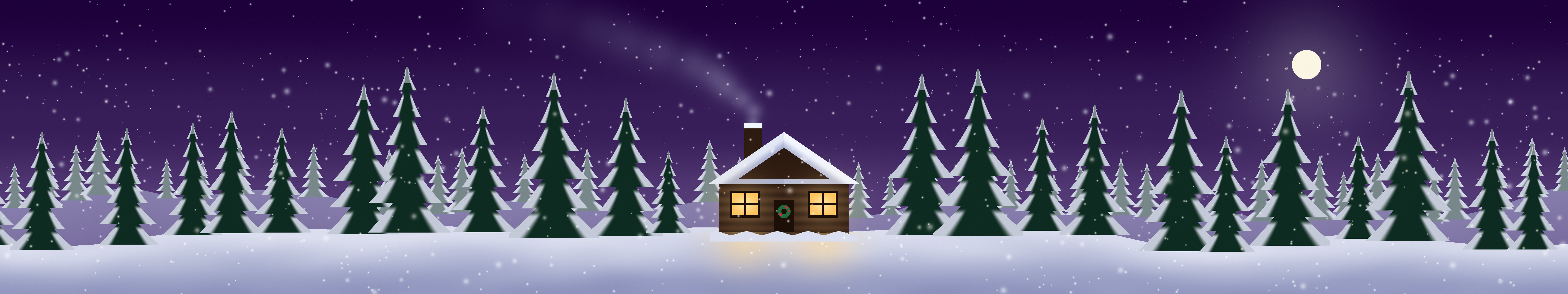 Dark Purple Snowy Christmas Cabin triple monitor wallpaper, 7680 × 1440