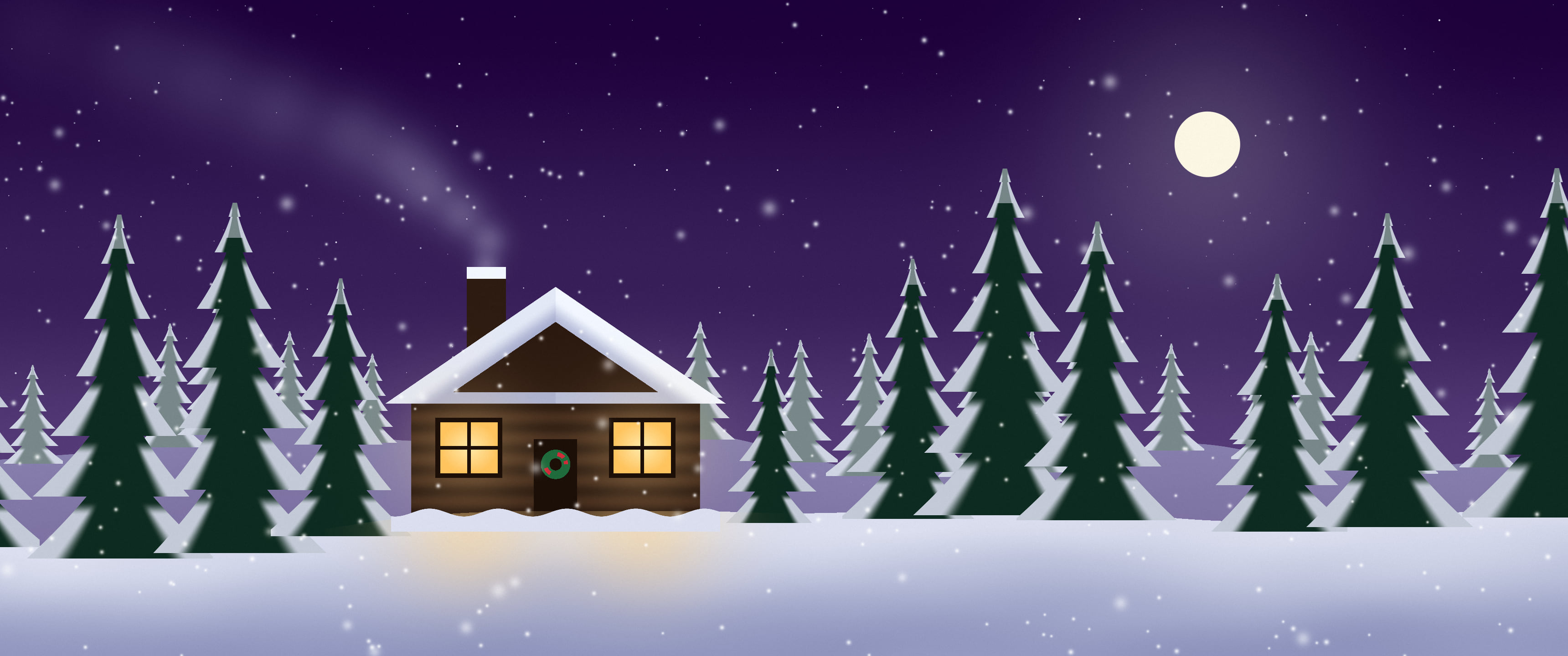 Dark Purple Snowy Christmas Cabin ultrawide wallpaper, 3440 × 1440