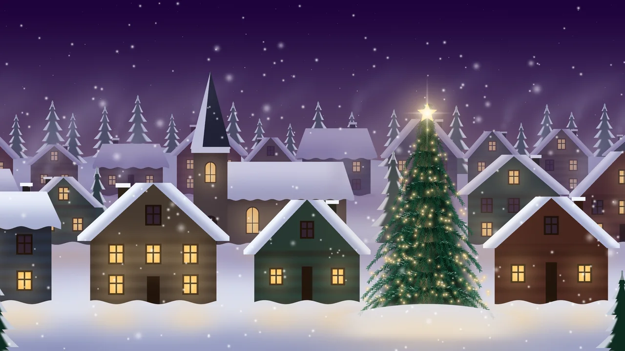 Dark Purple Snowy Christmas Village desktop wallpaper in 4K