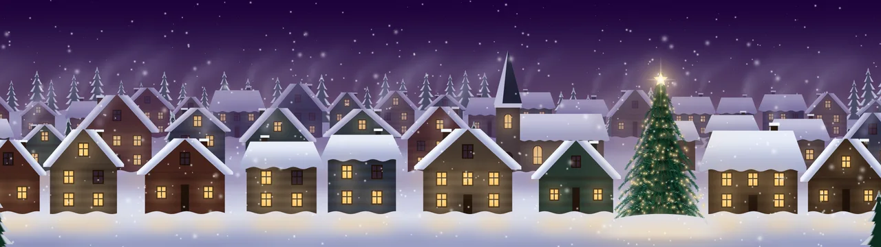 Dark Purple Snowy Christmas Village dual monitor wallpaper, 7680 × 2160