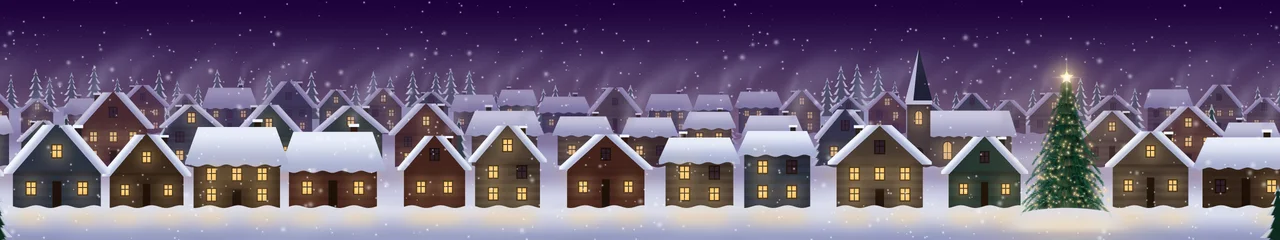 Dark Purple Snowy Christmas Village triple monitor wallpaper, 7680 × 1440