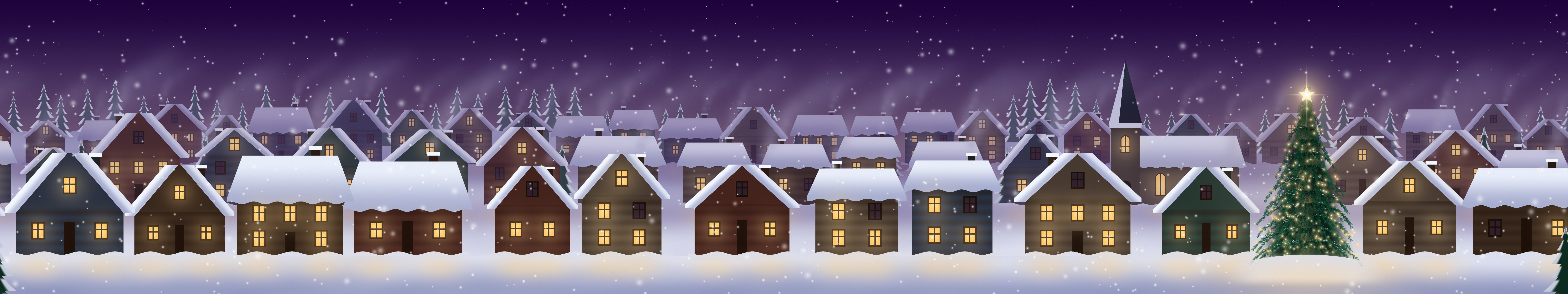 Dark Purple Snowy Christmas Village triple monitor wallpaper, 7680 × 1440