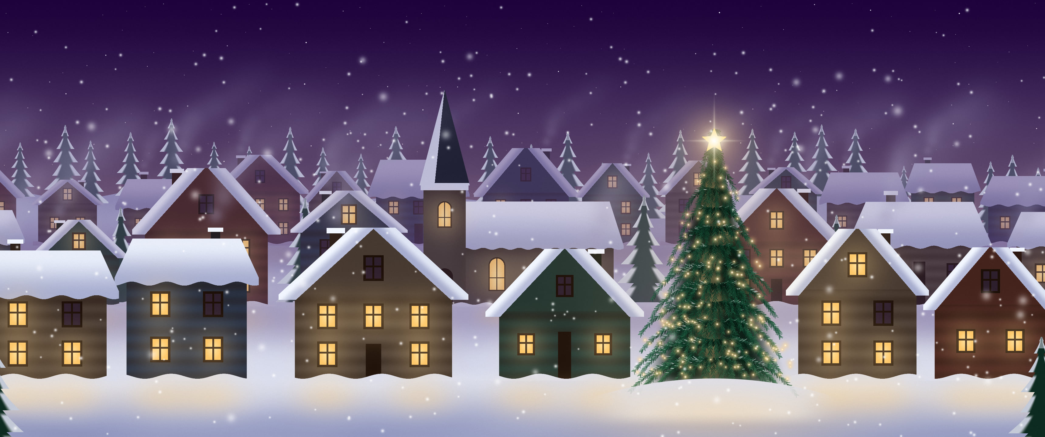 Dark Purple Snowy Christmas Village ultrawide wallpaper, 3440 × 1440