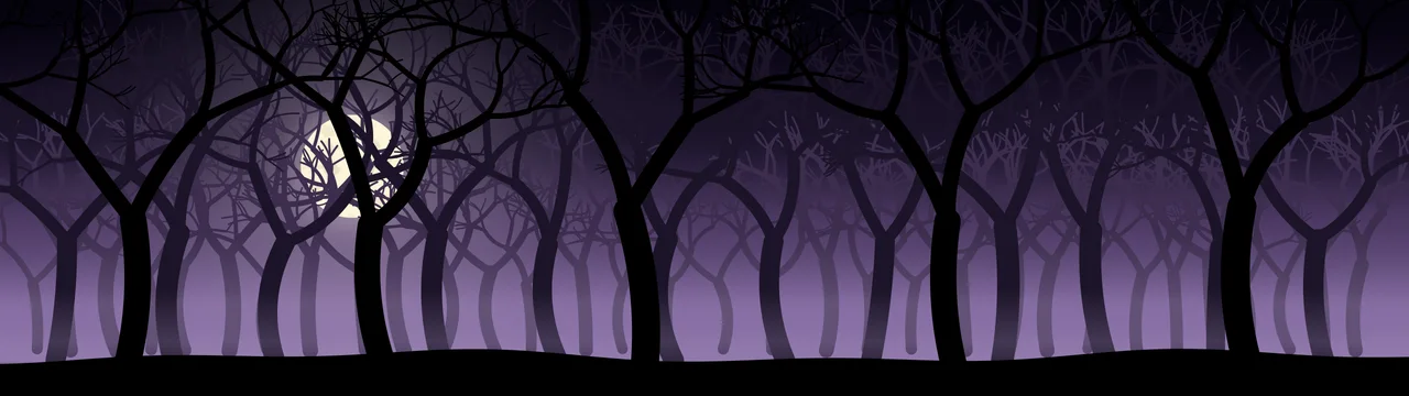 Dark Purple Spooky Forest dual monitor wallpaper, 7680 × 2160