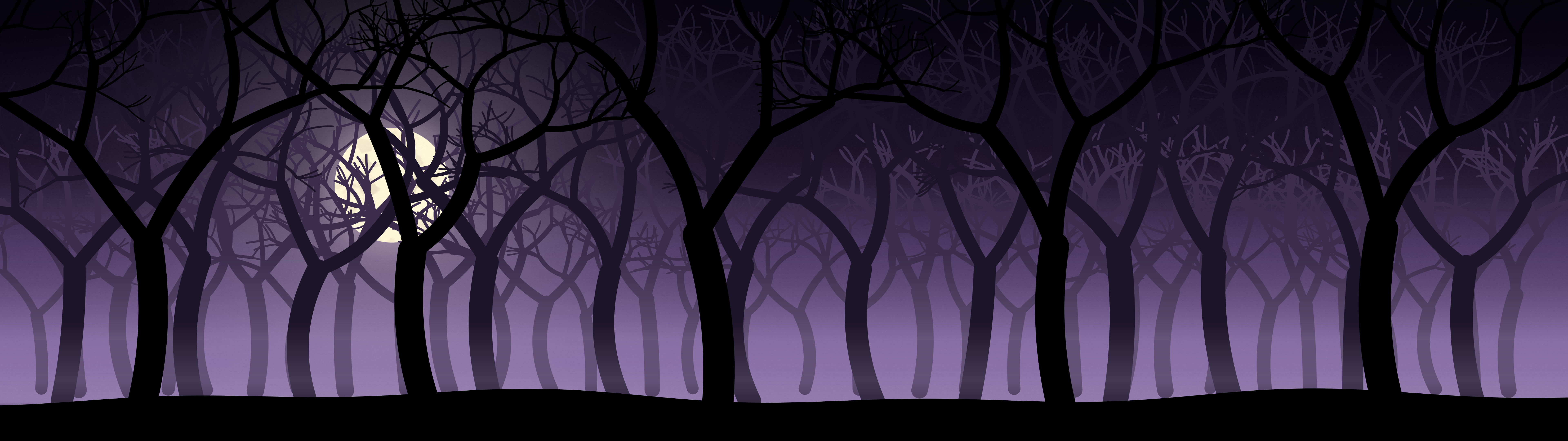 Dark Purple Spooky Forest dual monitor wallpaper, 7680 × 2160