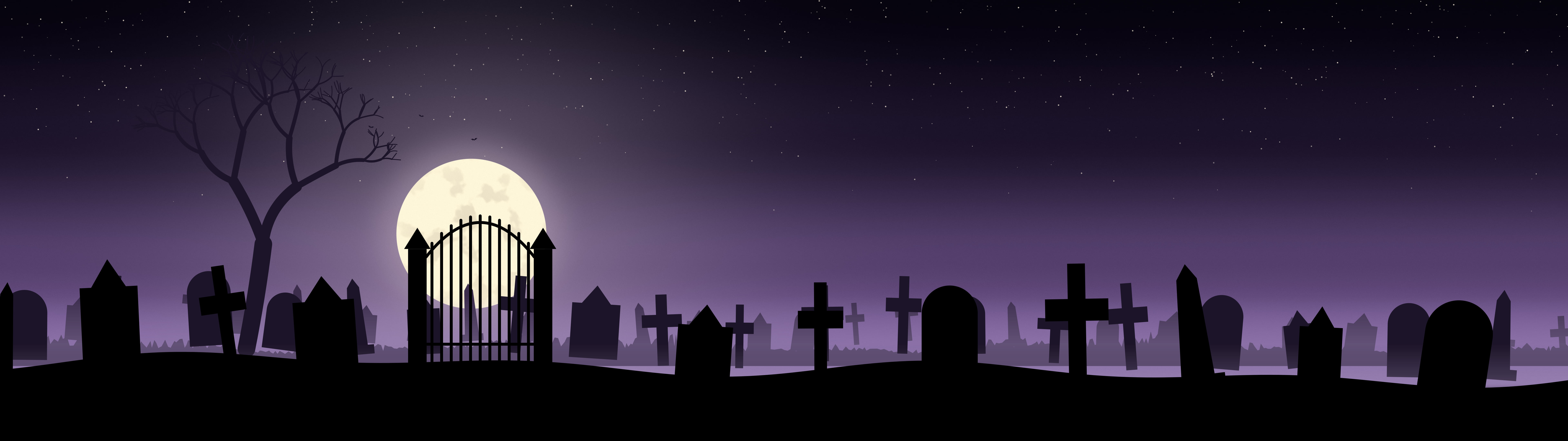 Dark Purple Spooky Graveyard dual monitor wallpaper, 7680 × 2160
