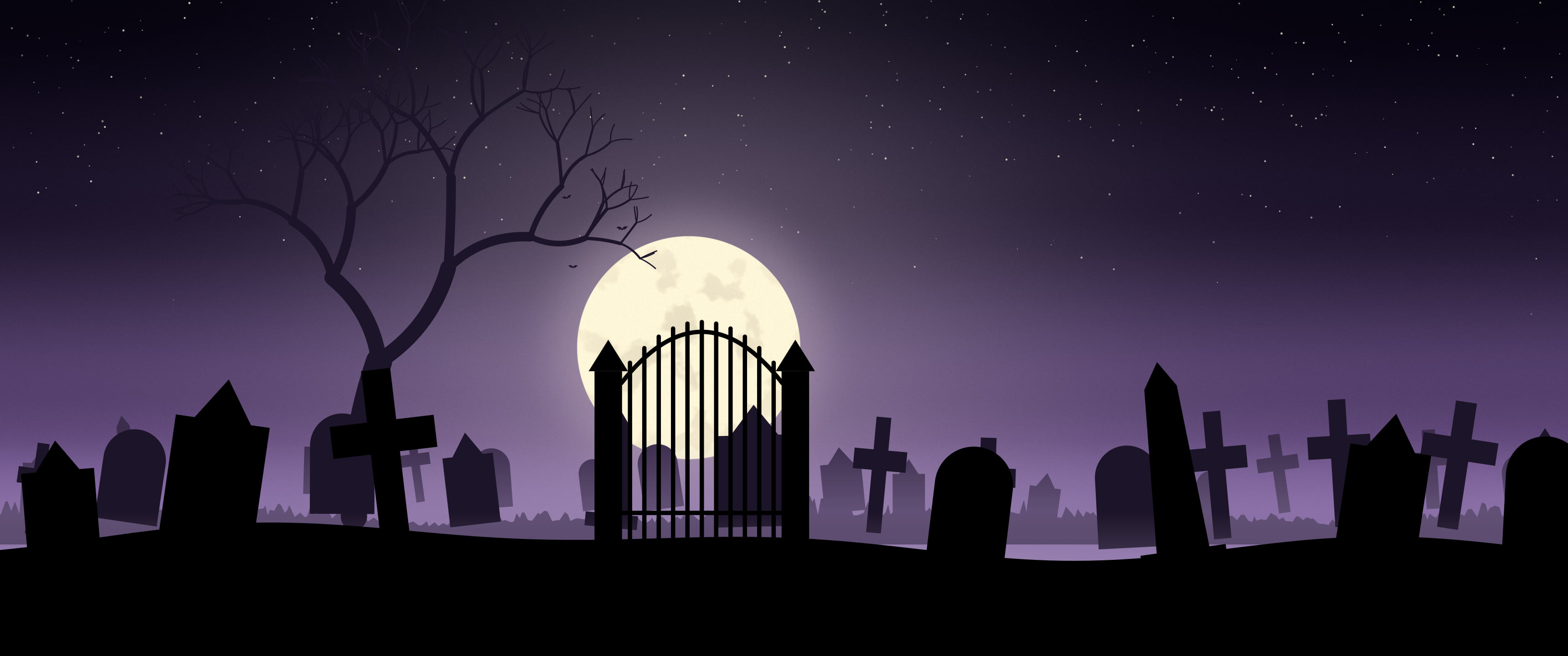 Dark Purple Spooky Graveyard ultrawide wallpaper, 3440 × 1440