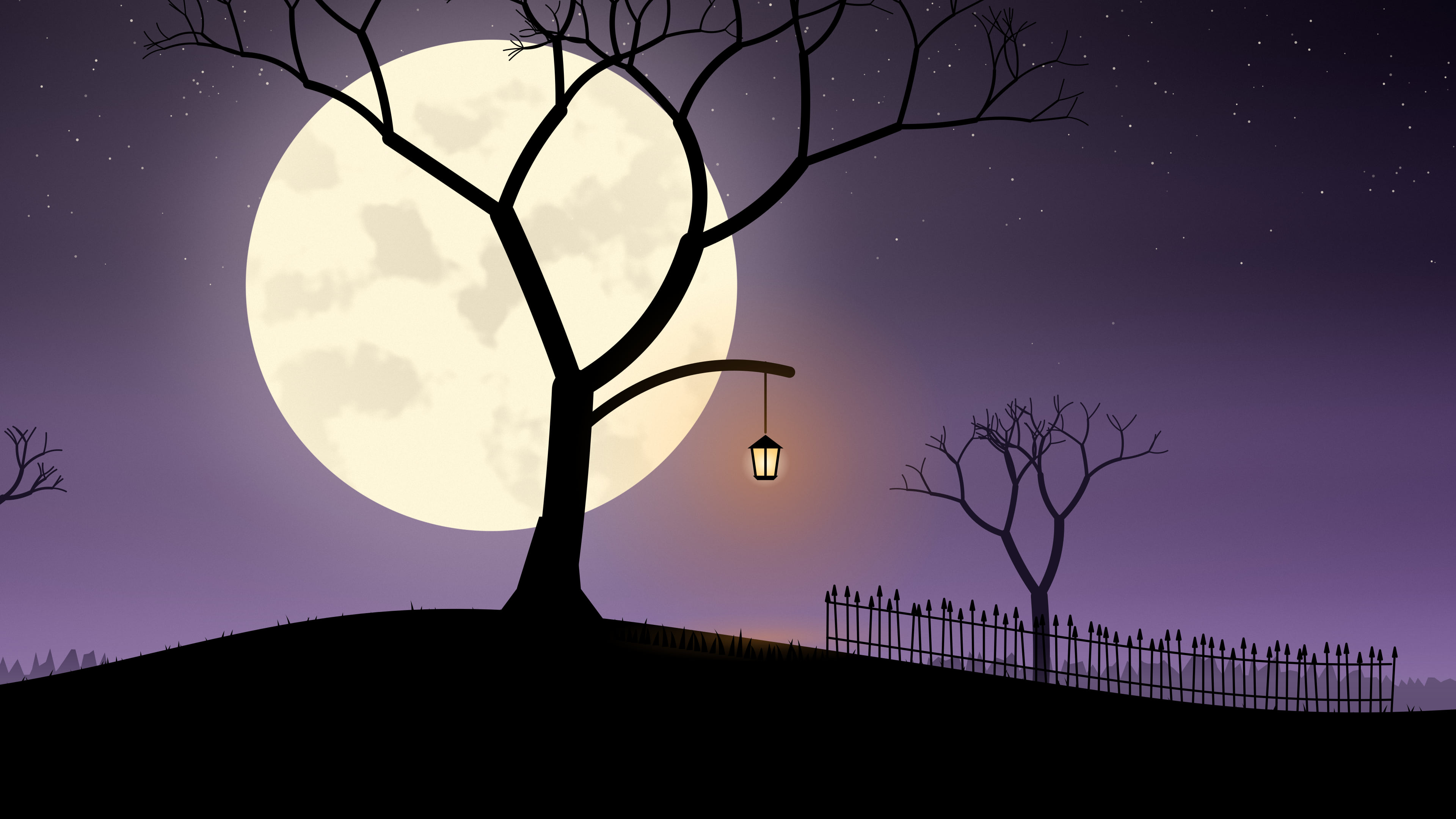Dark Purple Spooky Tree and Moon desktop wallpaper in 4K
