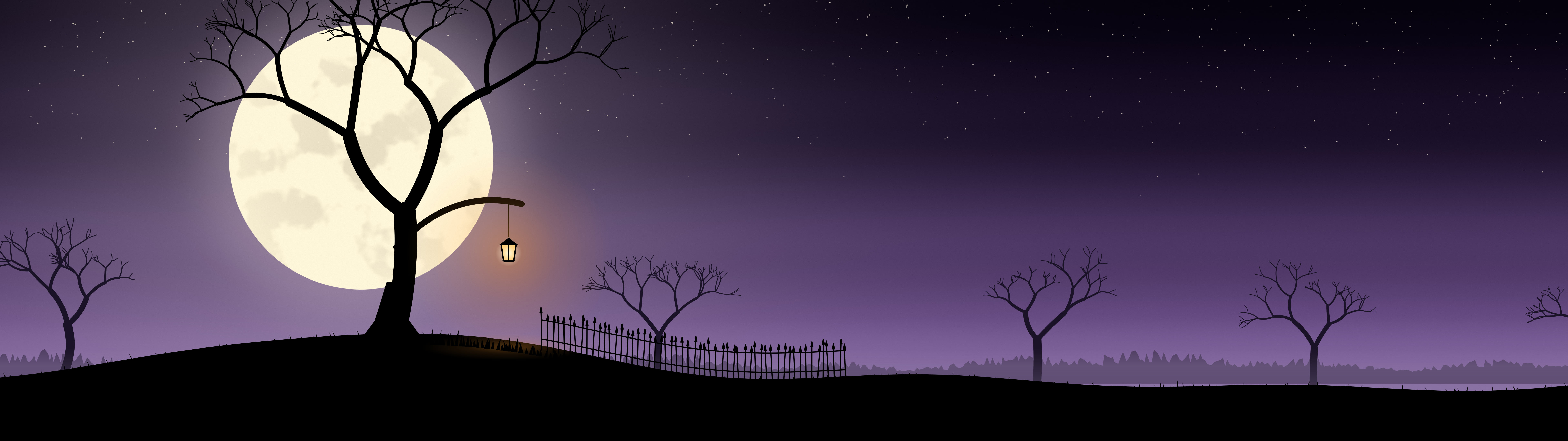 Dark Purple Spooky Tree and Moon dual monitor wallpaper, 7680 × 2160