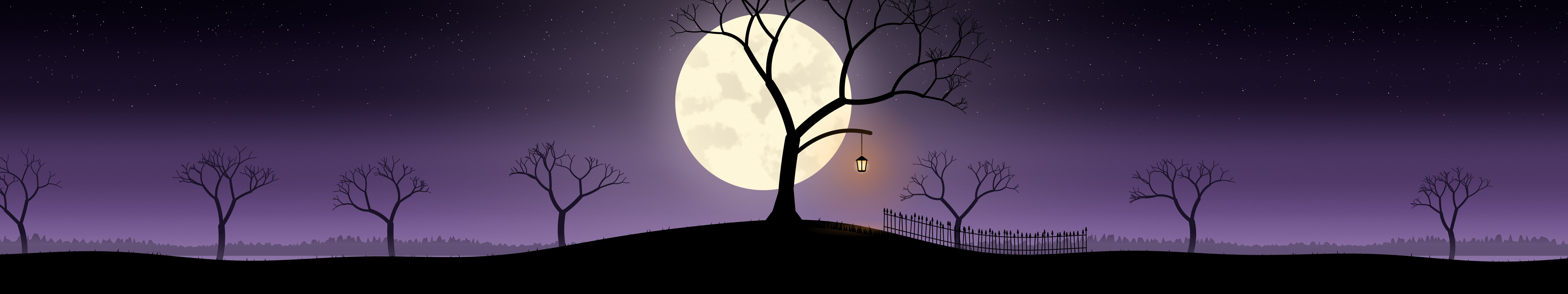 Dark Purple Spooky Tree and Moon triple monitor wallpaper, 7680 × 1440