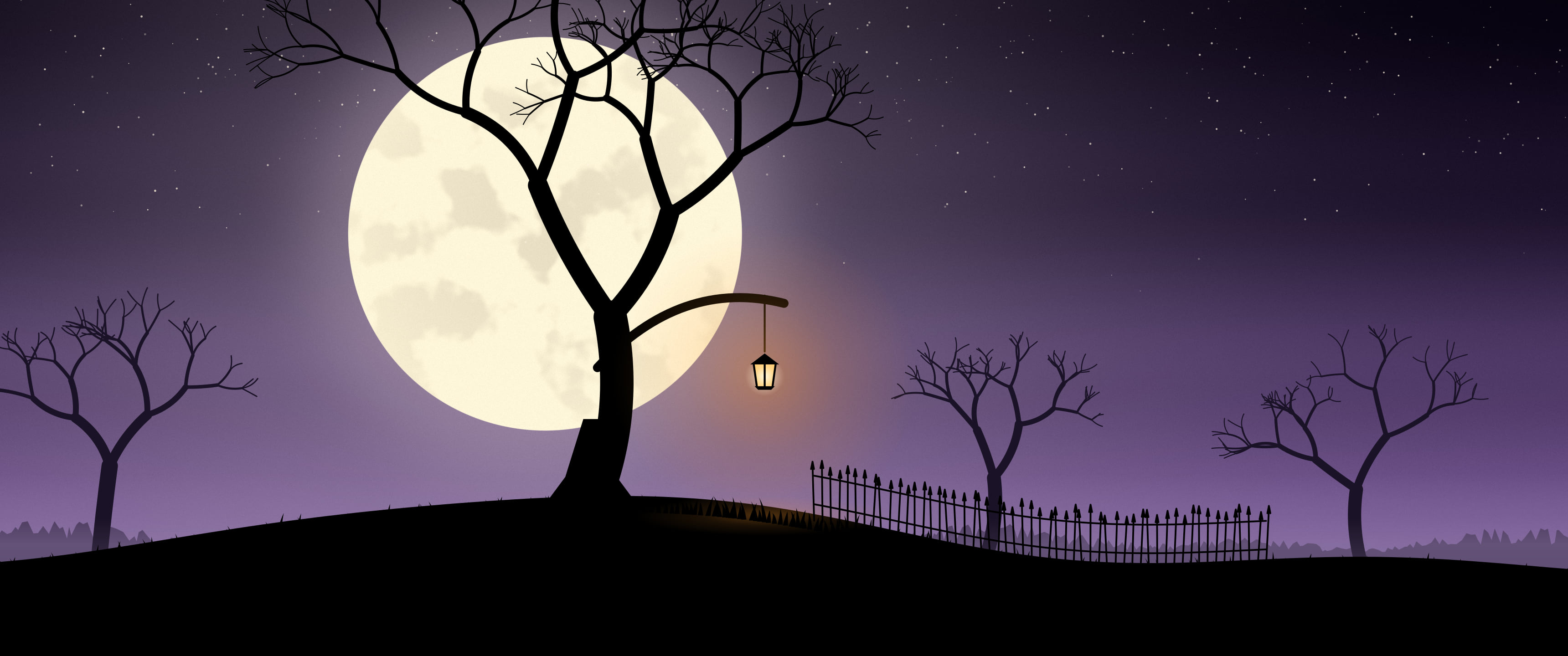 Dark Purple Spooky Tree and Moon ultrawide wallpaper, 3440 × 1440