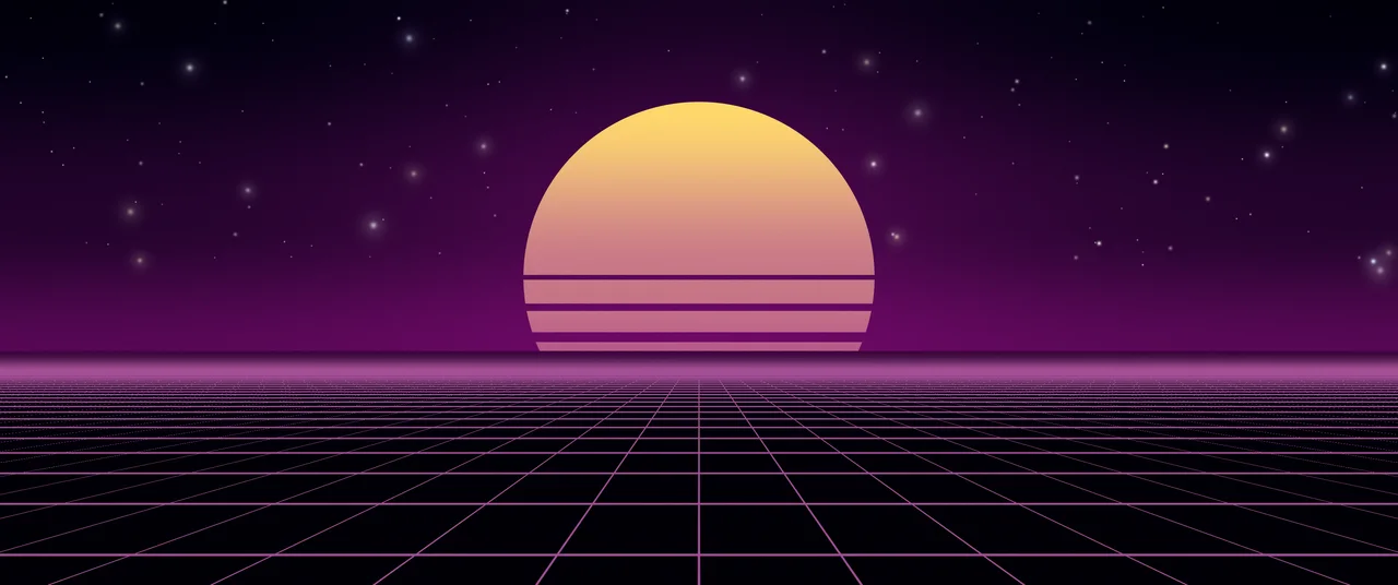 Dark Purple Synthwave Grid Sunset ultrawide wallpaper, 3440 × 1440