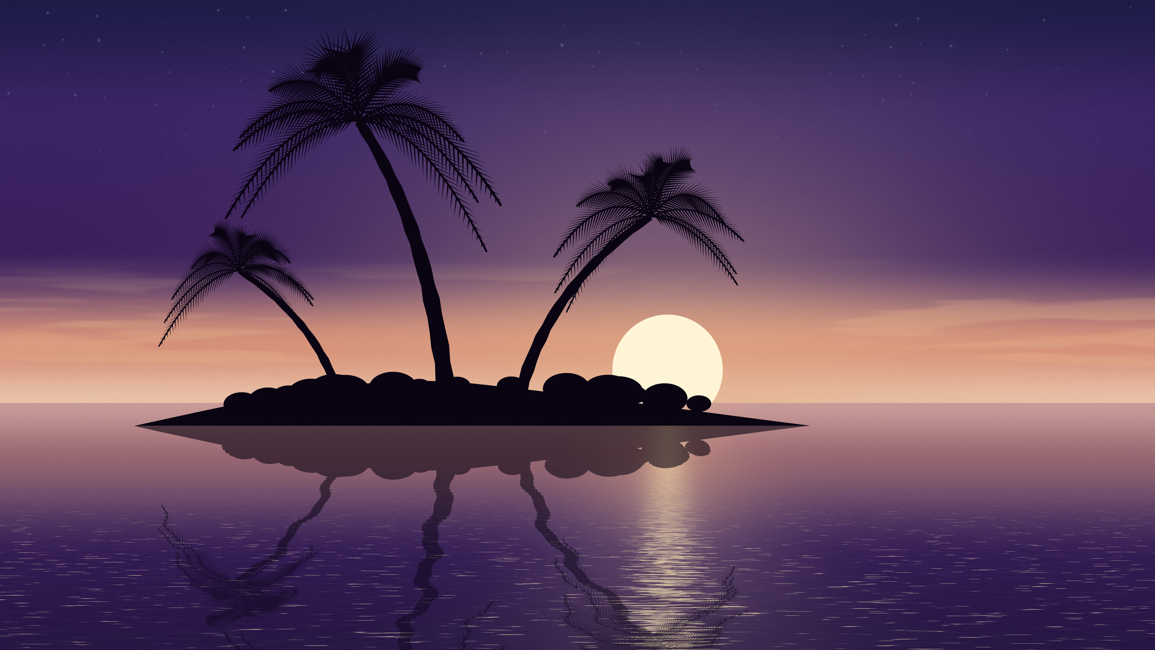 Dark Purple Tropical Island Sunset desktop wallpaper in 4K