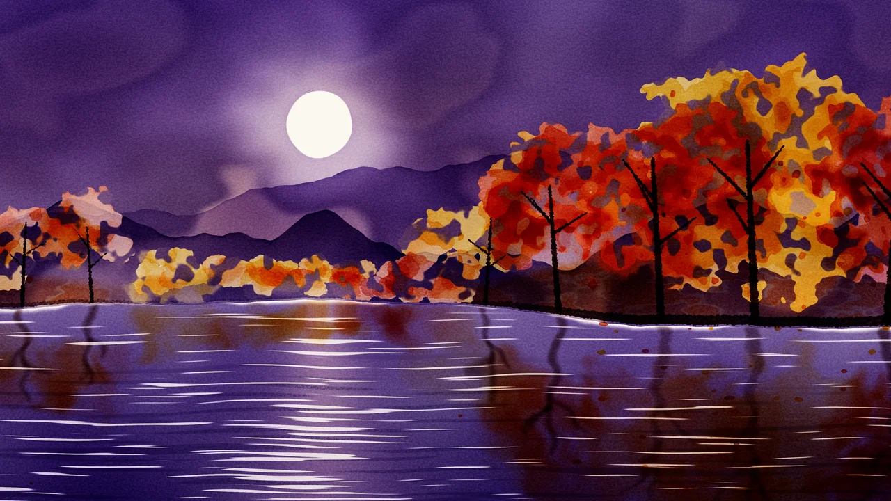 Dark Purple Watercolor Fall Trees by a Lake desktop wallpaper in 4K