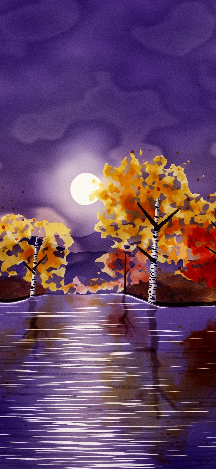 Dark Purple Watercolor Fall Trees by a Lake wallpaper for iPhone and Android
