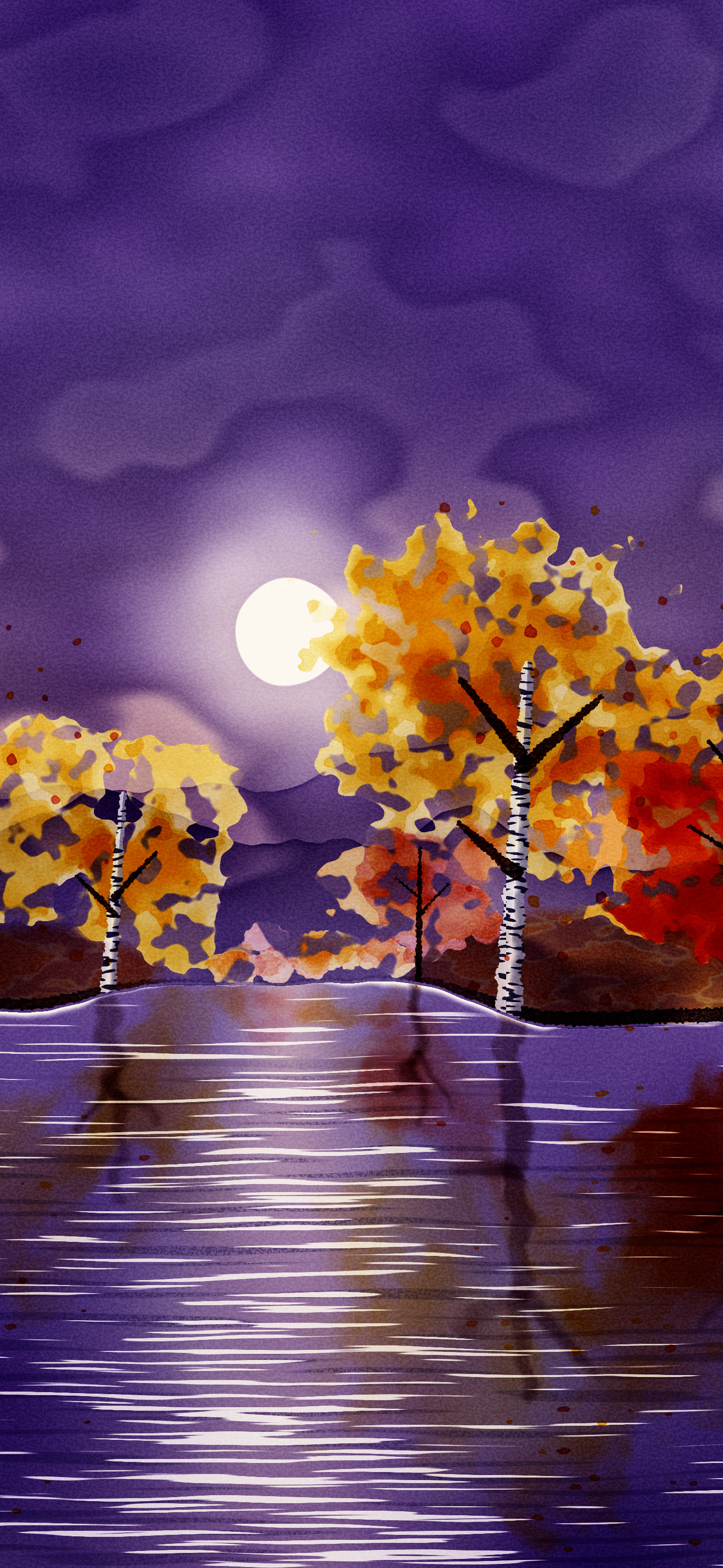 Dark Purple Watercolor Fall Trees by a Lake wallpaper for iPhone and Android