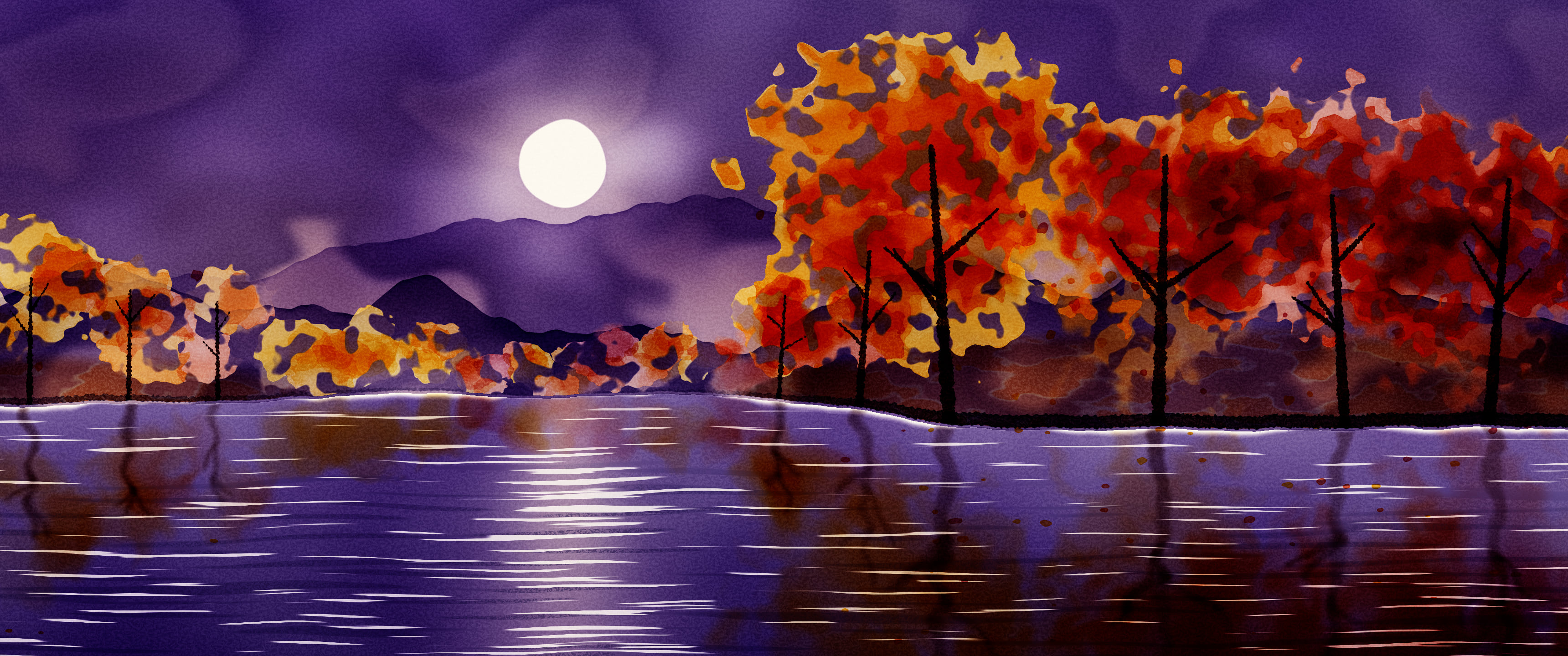 Dark Purple Watercolor Fall Trees by a Lake ultrawide wallpaper, 3440 × 1440