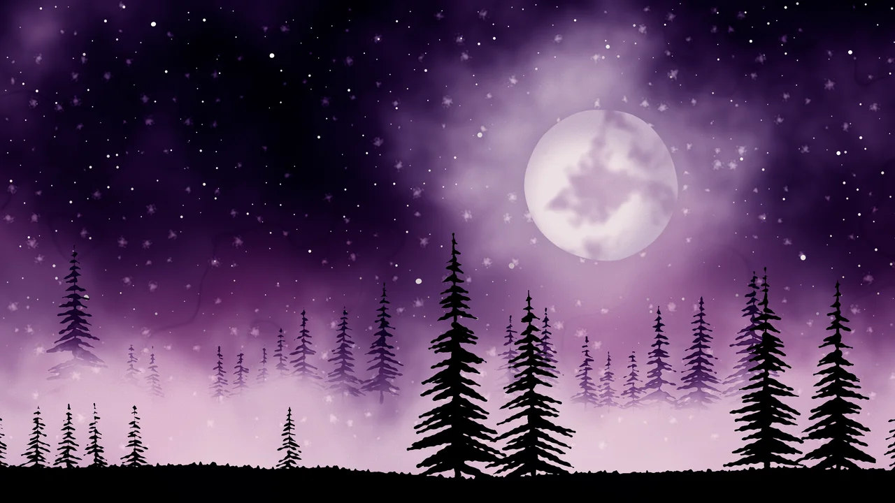 Dark Purple Watercolor Moon and Pine Trees desktop wallpaper in 4K