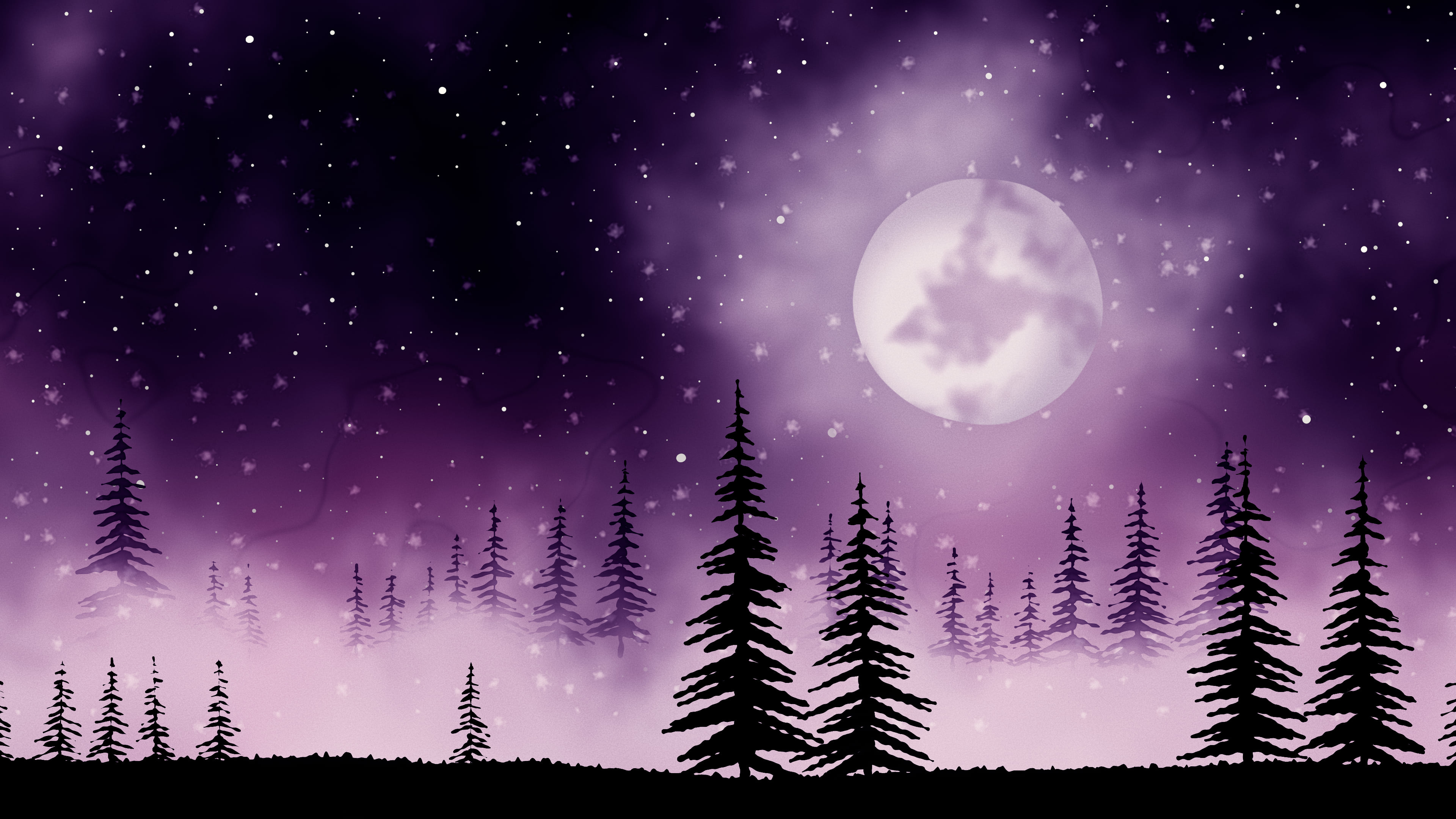 Dark Purple Watercolor Moon and Pine Trees desktop wallpaper in 4K