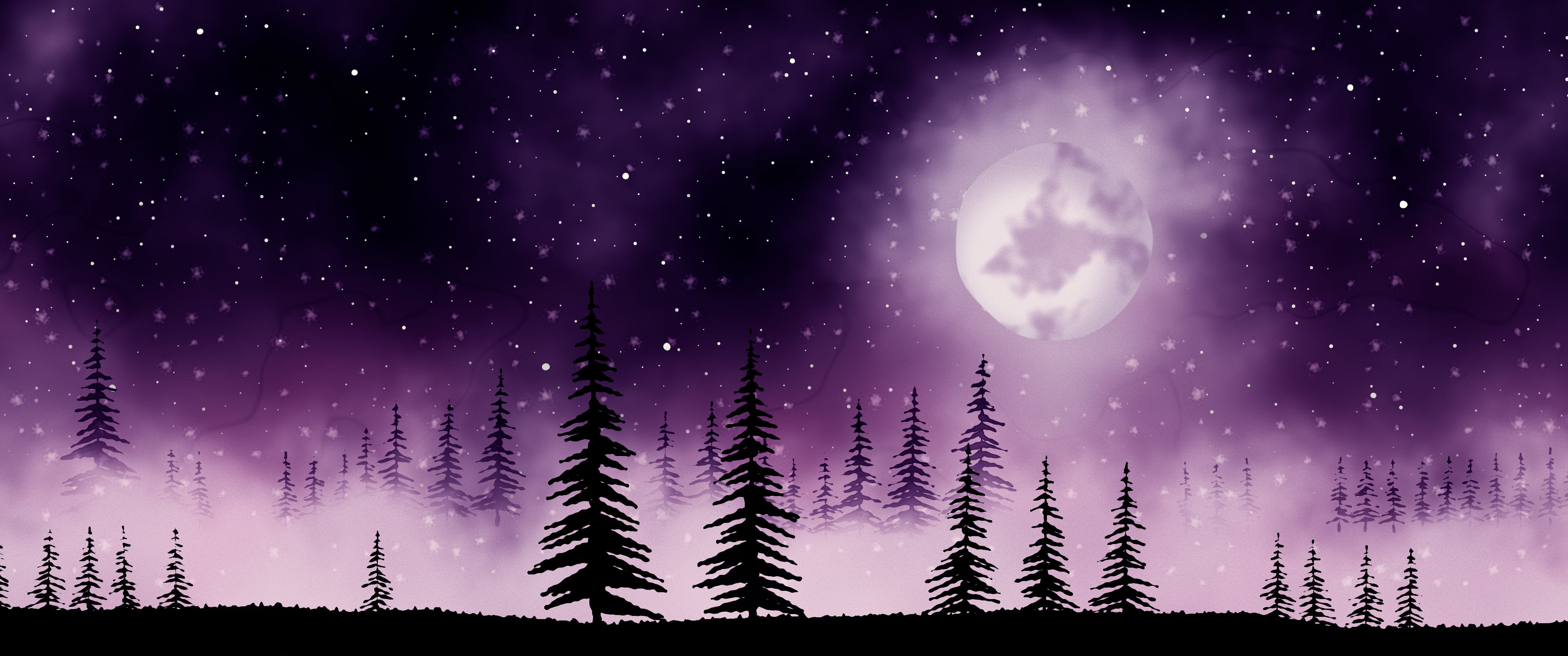 Dark Purple Watercolor Moon and Pine Trees ultrawide wallpaper, 3440 × 1440