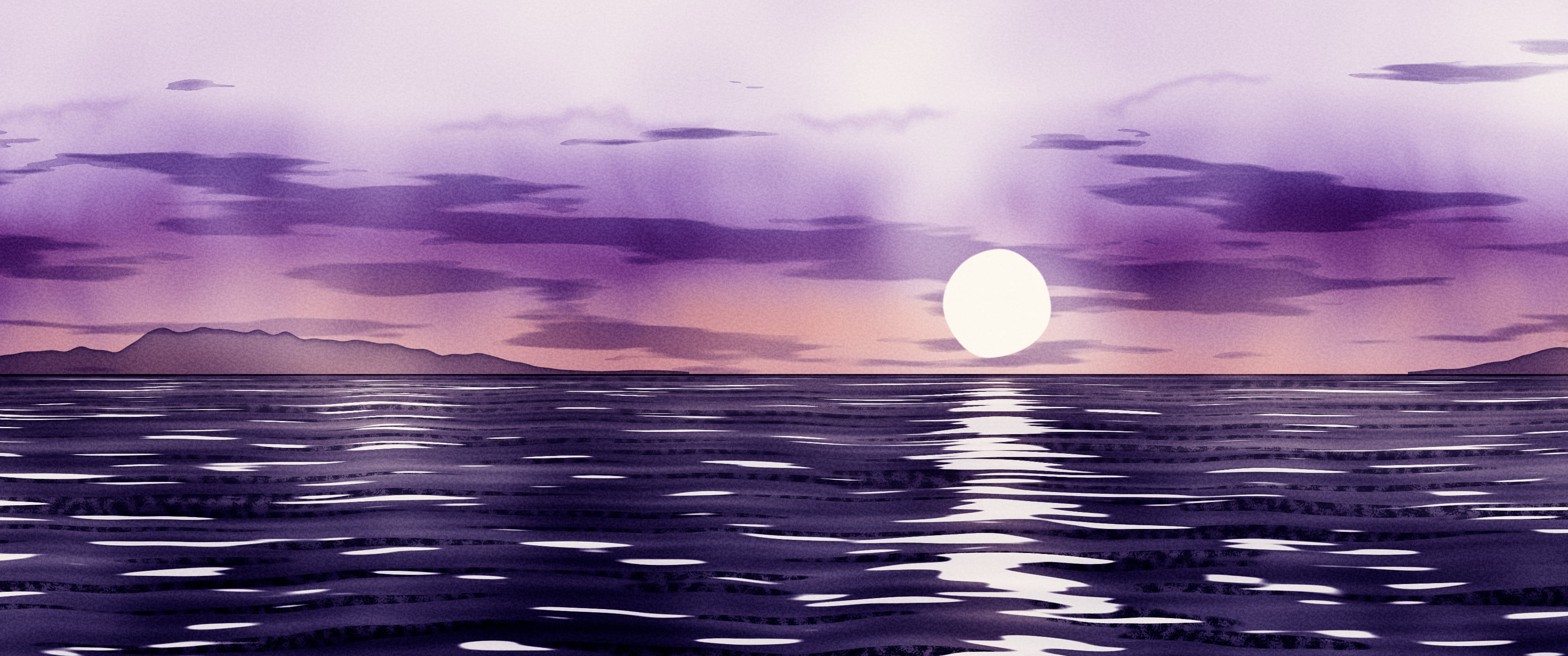 Dark Purple Watercolor Ocean Sunset ultrawide wallpaper, 3440 × 1440