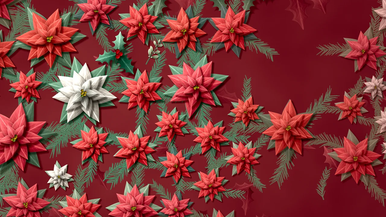 Dark Red Holly and Poinsettia Pattern desktop wallpaper in 4K