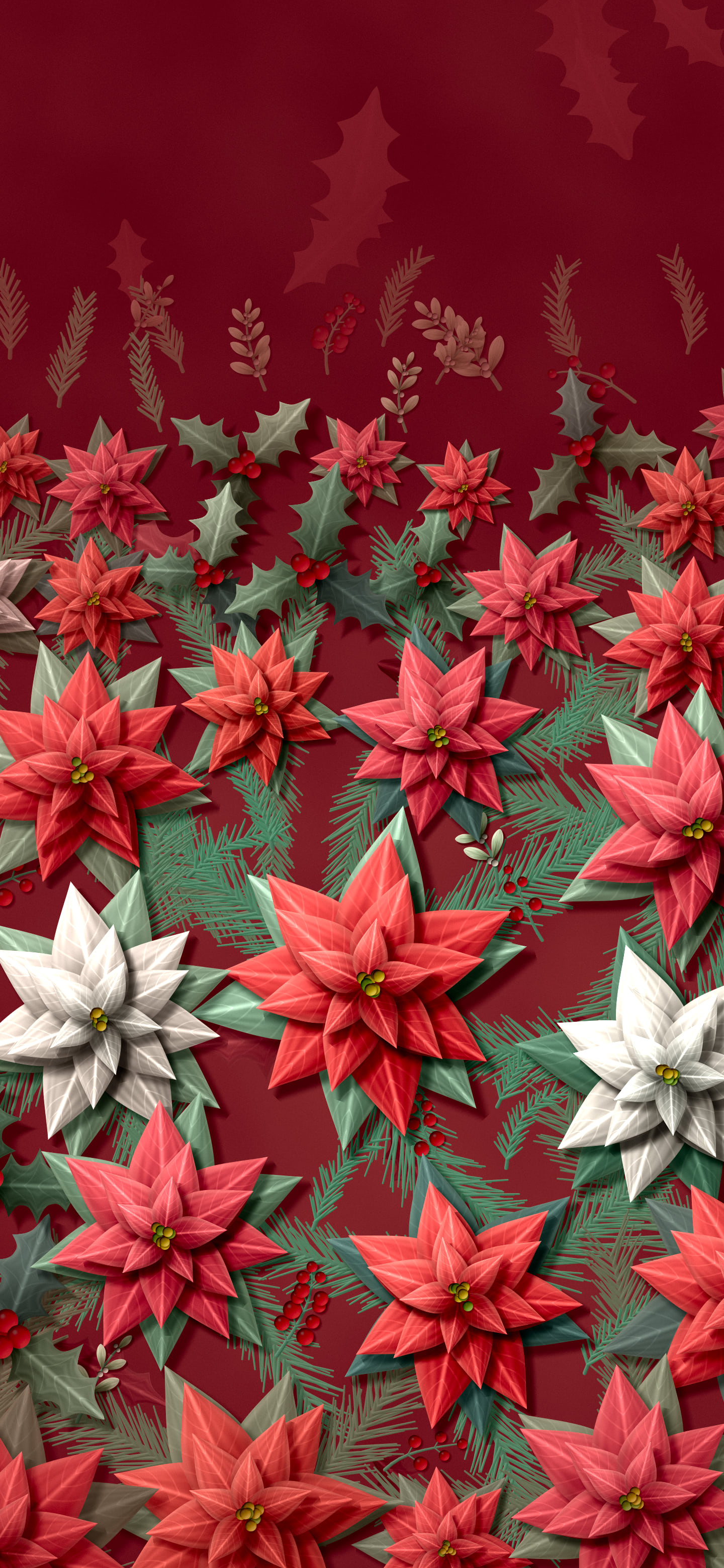 Dark Red Holly and Poinsettia Pattern wallpaper for iPhone and Android