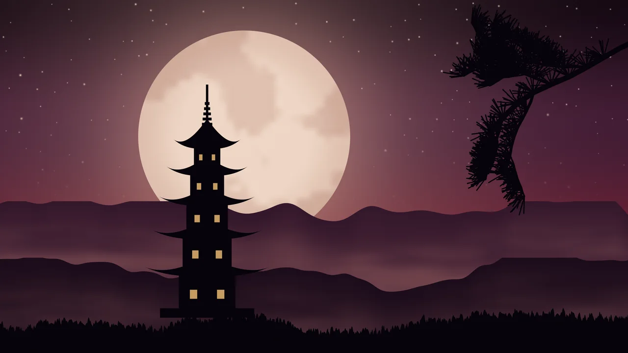 Dark Red Japanese Pagoda and Moon desktop wallpaper in 4K
