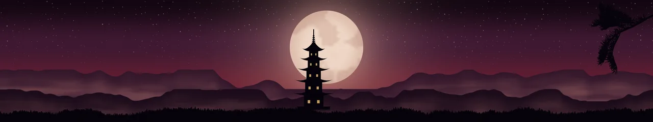 Dark Red Japanese Pagoda and Moon triple monitor wallpaper, 7680 × 1440